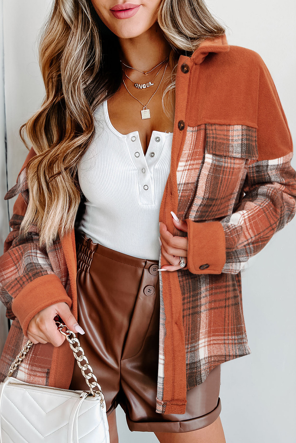 Khaki Colorblock Plaid Pattern Flap Pockets Buttoned Shacket - loveforevers