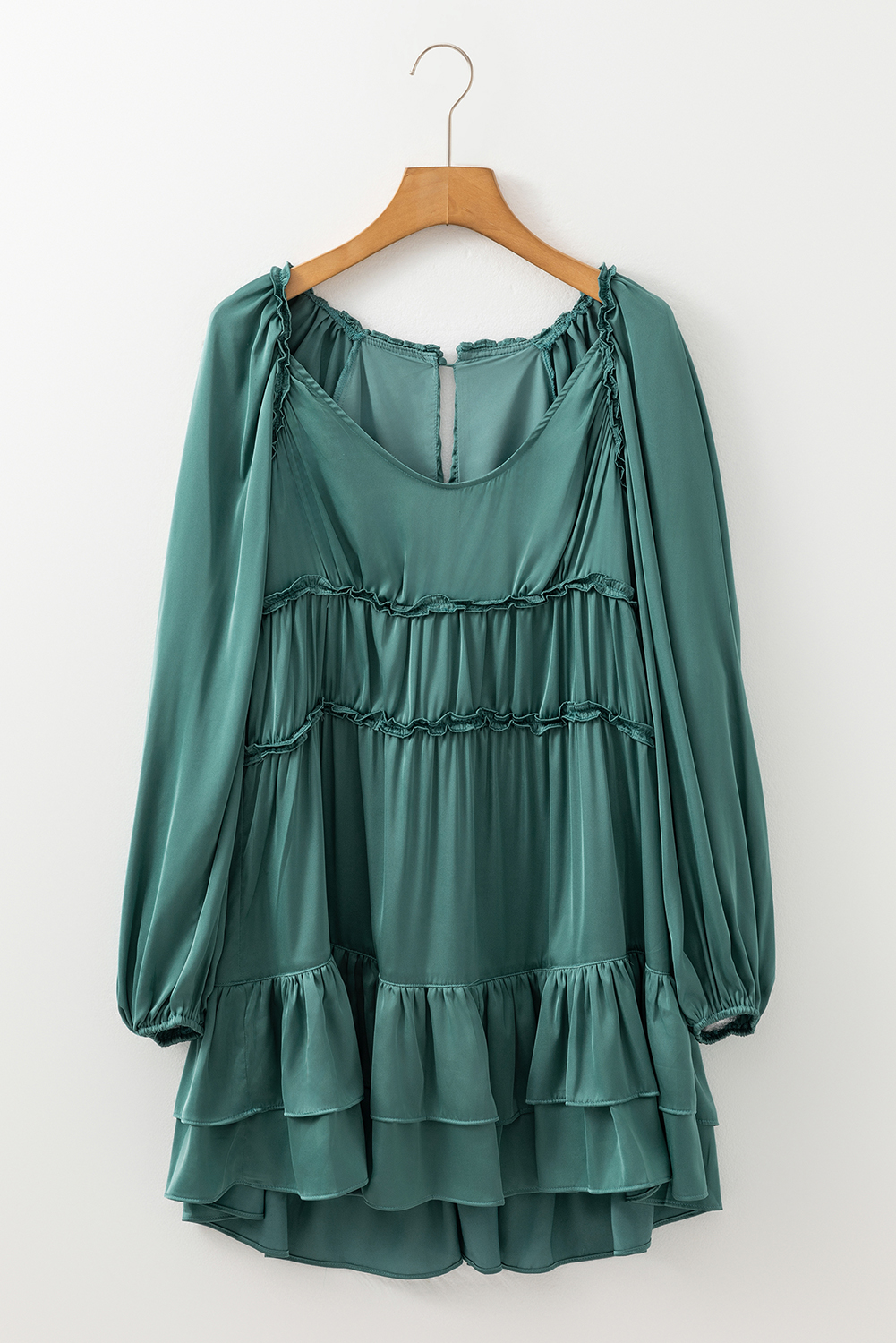 Mist Green Tiered Ruffled Puff Sleeve Loose Fit Mini Dress - loveforevers