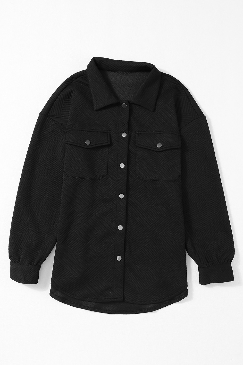 Black Solid Textured Flap Pocket Buttoned Shacket - loveforevers
