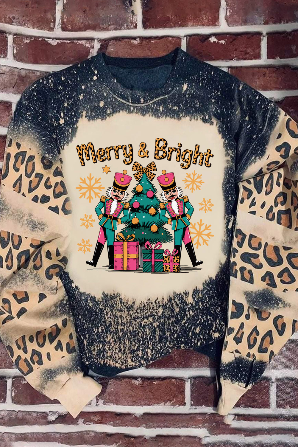 Black Merry&Bright Christmas Nutcracker Printed Leopard Tie Dye Bleached Baggy Sweatshirt - loveforevers