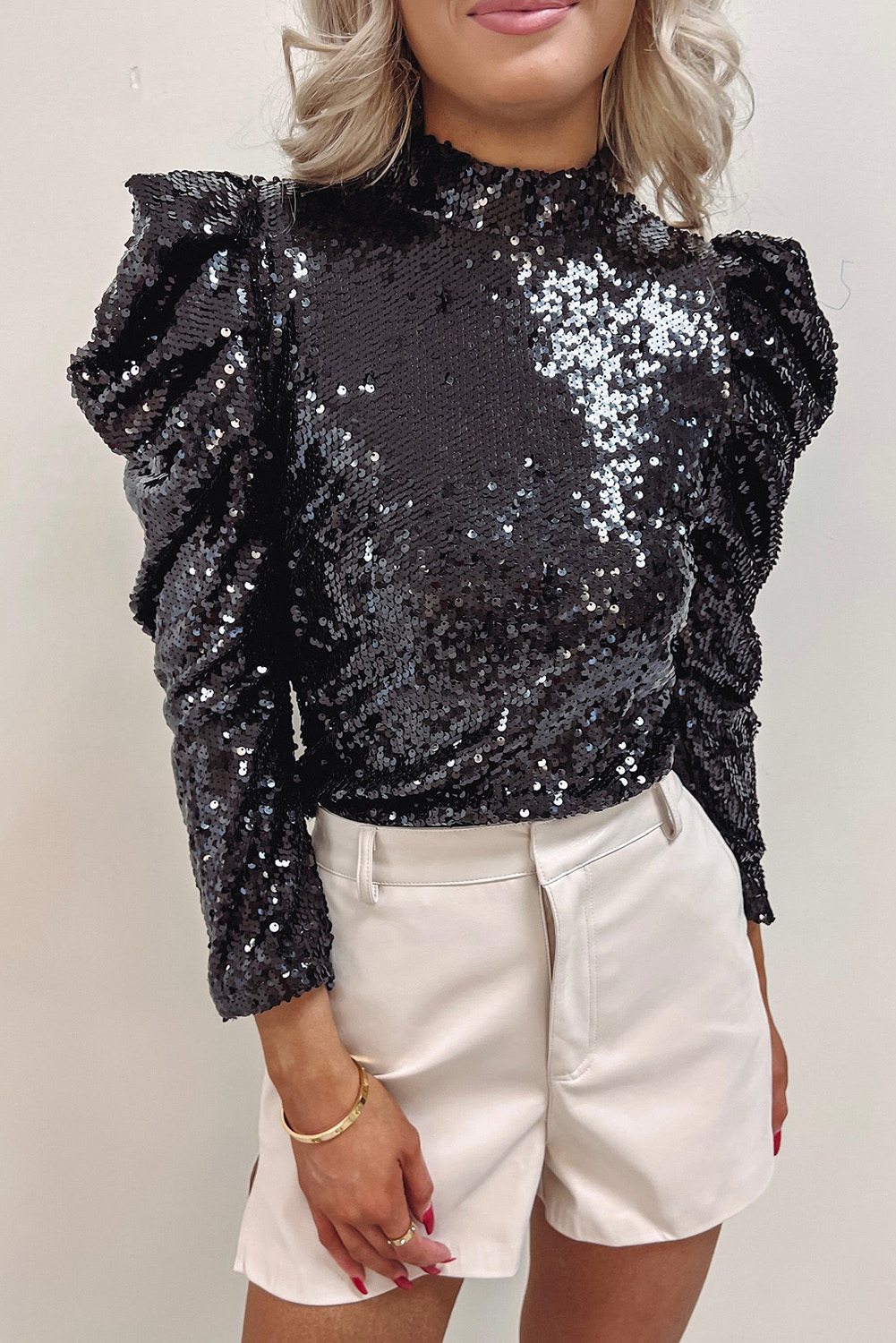 Burgundy Sequin Mock Neck Bubble Sleeve Top - loveforevers