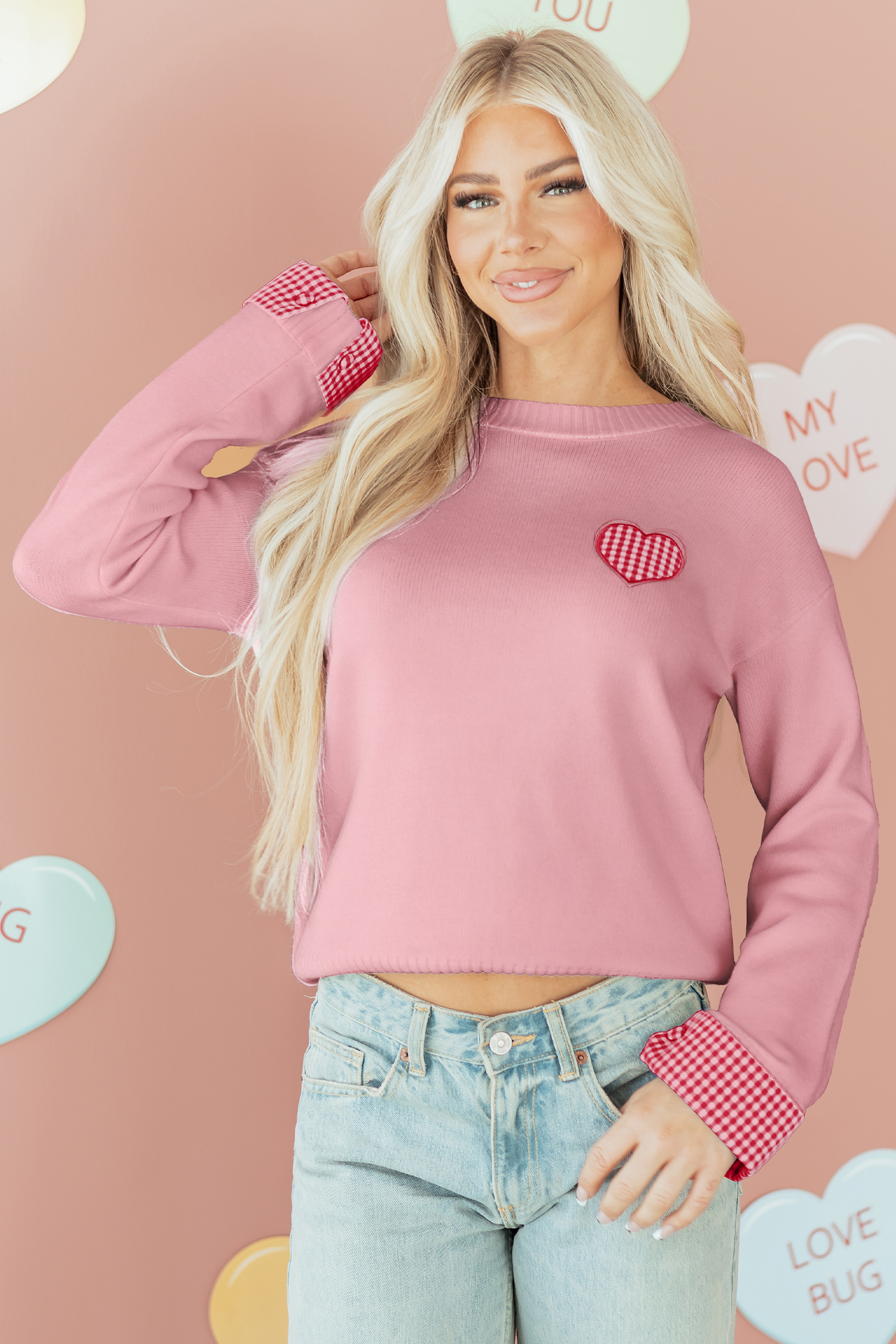 Light Pink Plaid Heart Embroidered Cuffed Drop Shoulder Crew Neck Sweater - loveforevers
