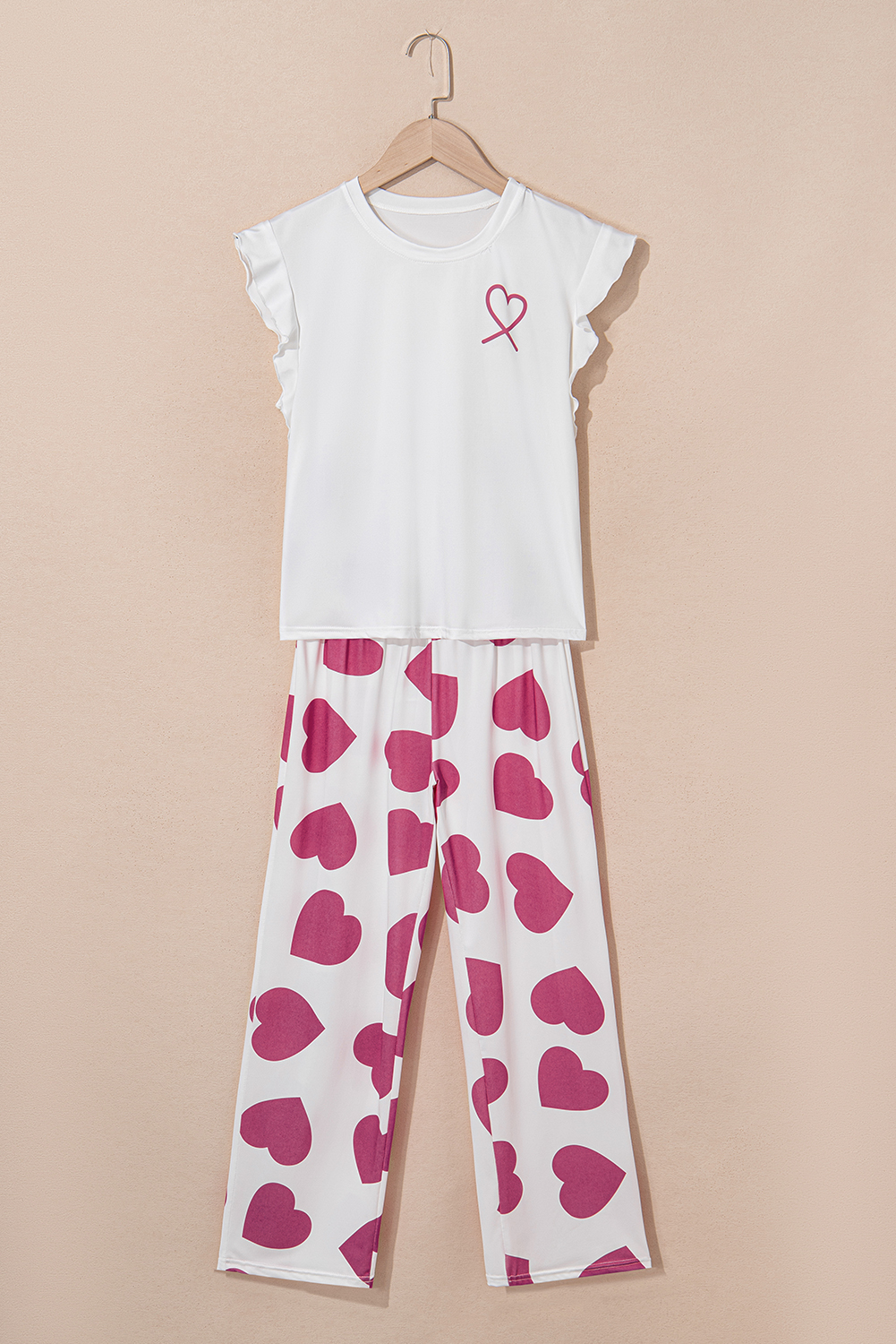 Pink Ruffled Tank Top And Heart Print Pants Lounge Set - loveforevers