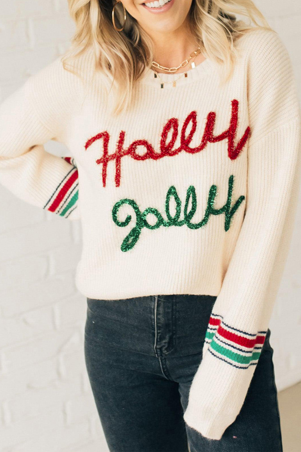 Beige Tinsel Holly Jolly Graphic Classic Sweater - loveforevers