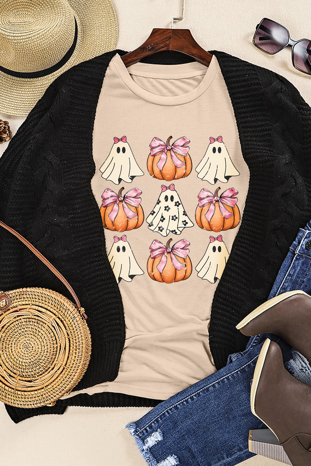 Khaki Bowknot Ghost Pumpkin Graphic Halloween T Shirt - loveforevers