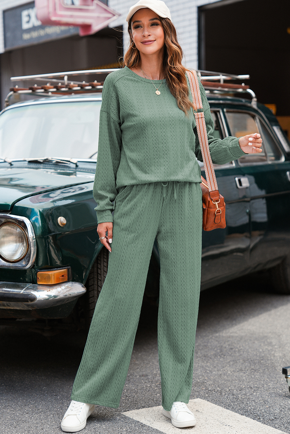 Smoke Green Textured Round Neck Sweatshirt & Loose Drawstring High Waist Pant Set - loveforevers