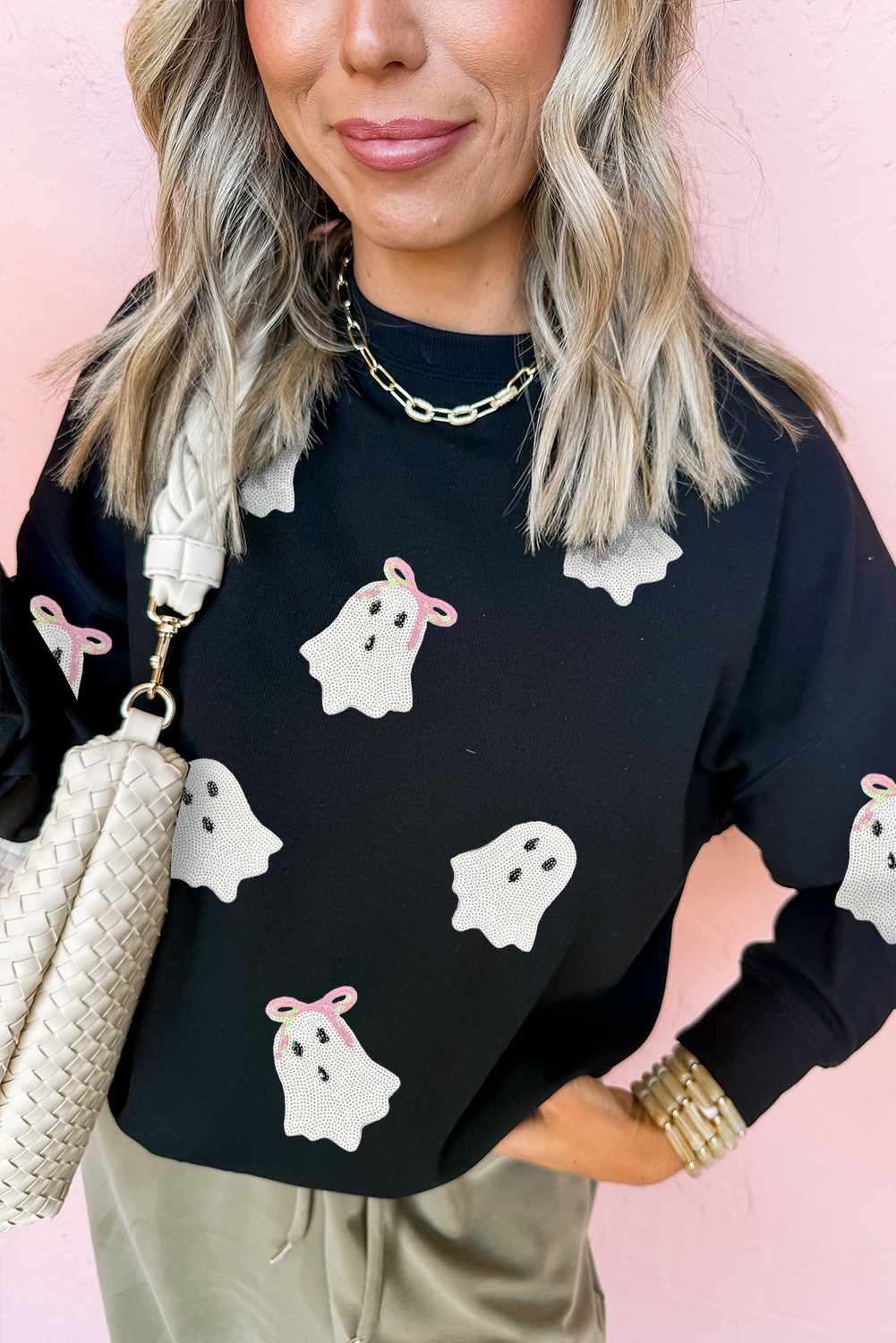 Wisteria Glitter Trim Chenille Ghost Patched Halloween Graphic Tee - loveforevers