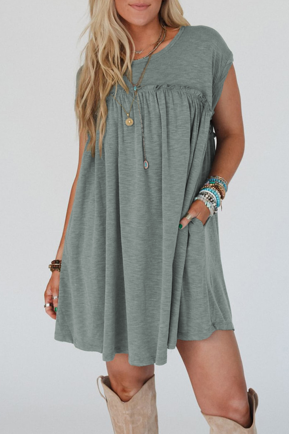Mist Green Frilled Gathered Seam Round Neck T Shirt Dress - loveforevers