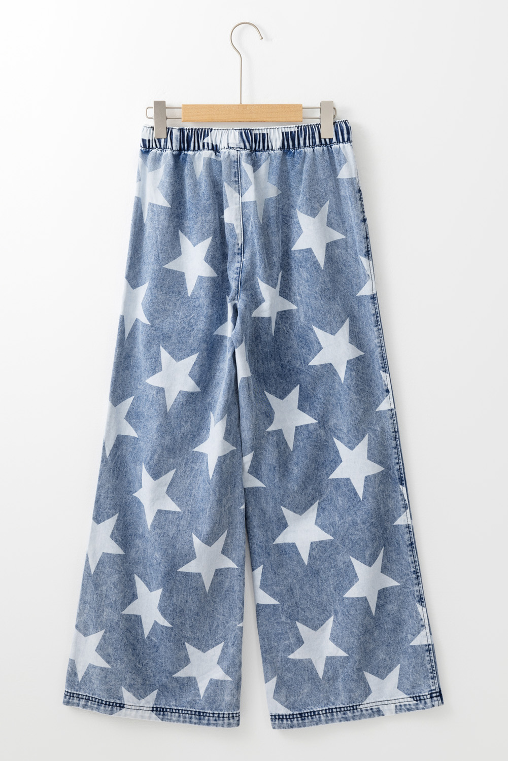 Light Blue Star Print Light Wash Drawstring Elastic Waistband Wide Leg Jeans - loveforevers