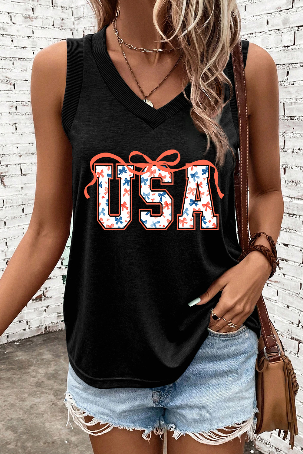 Black USA Bow Tie Print V Neck Tank Top - loveforevers