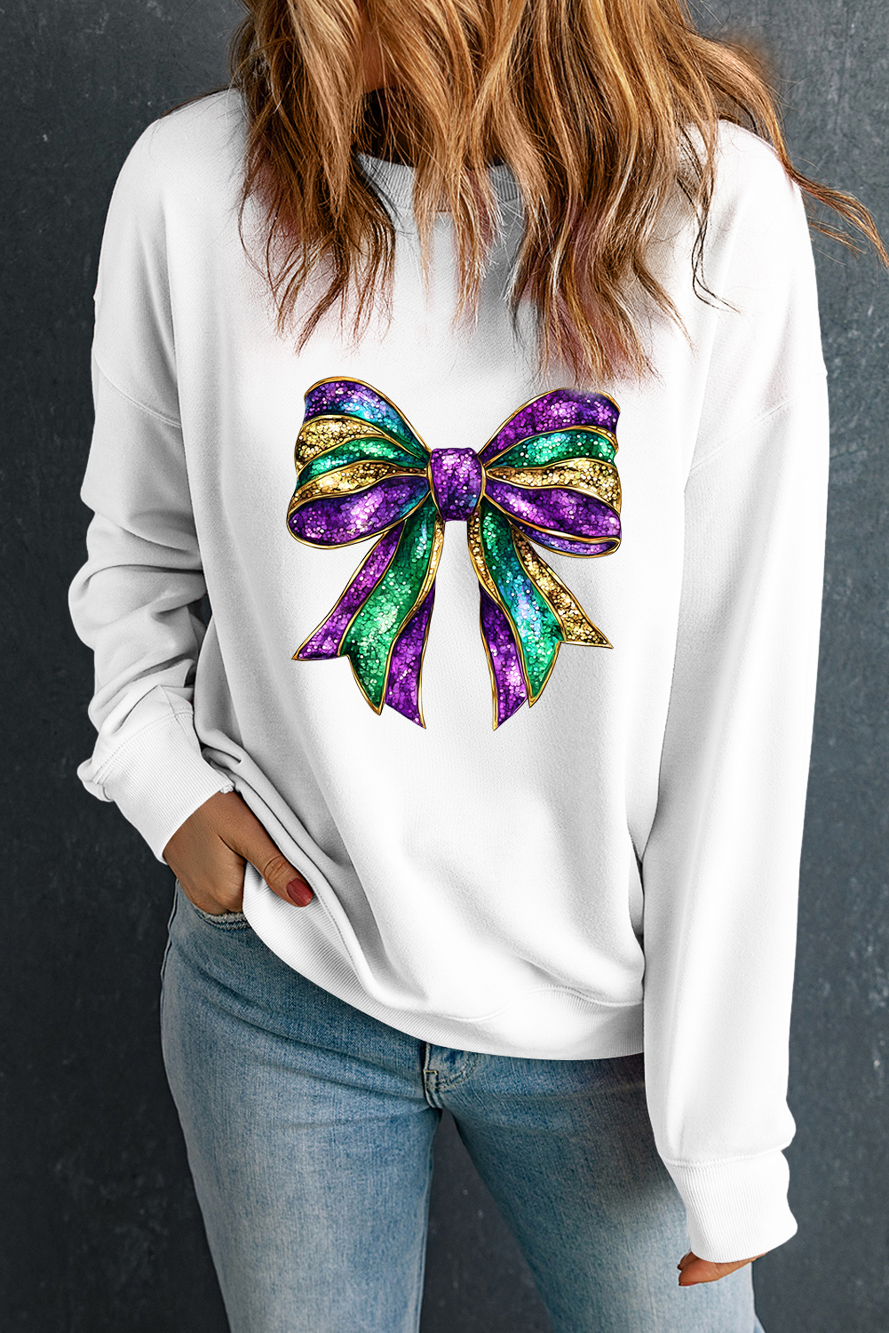 White Mardi Gras Bow Graphic Drop Shoulder Sweatshirt - loveforevers