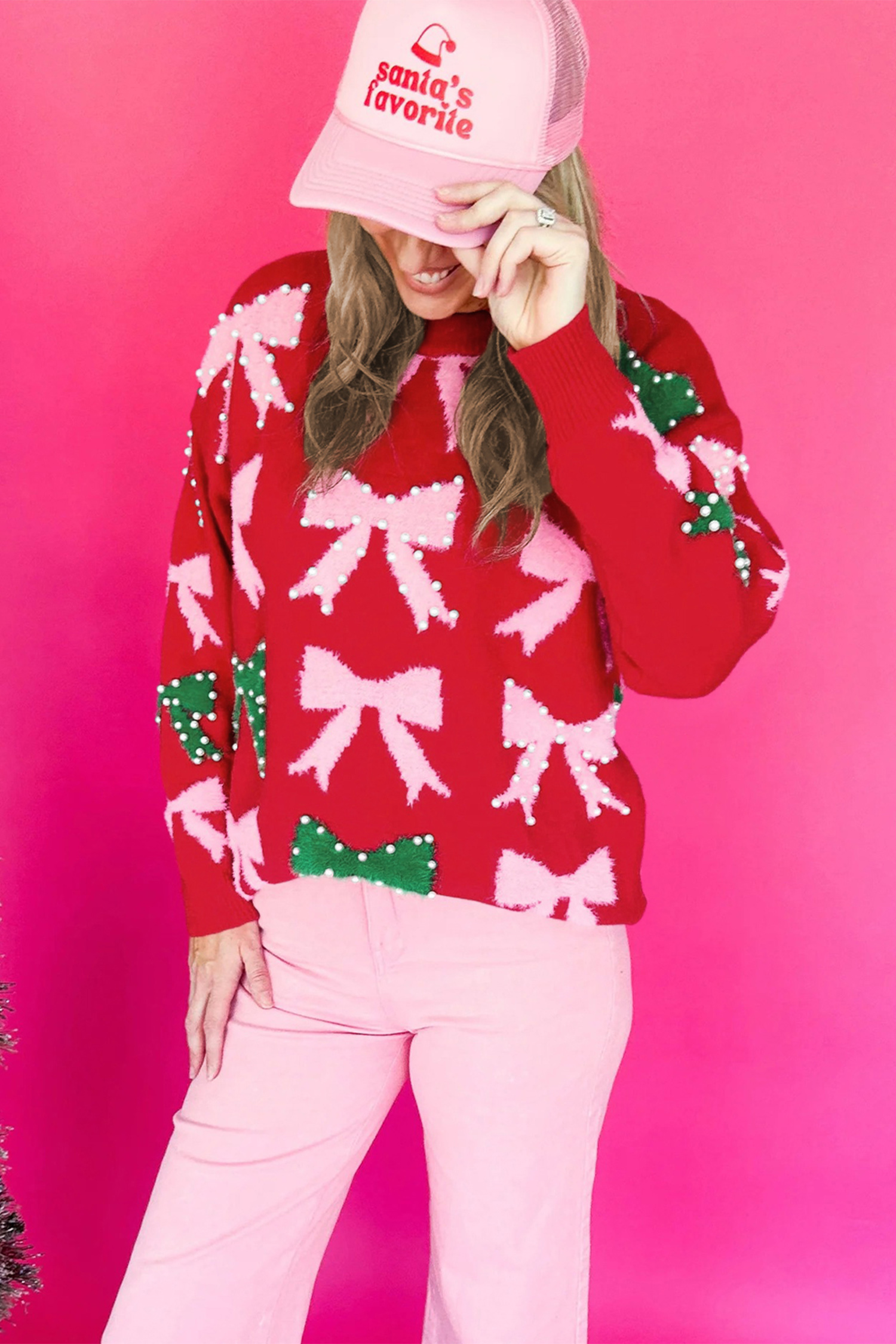 Fiery Red Bow Pearl Embellished Christmas Holiday Sweater - loveforevers