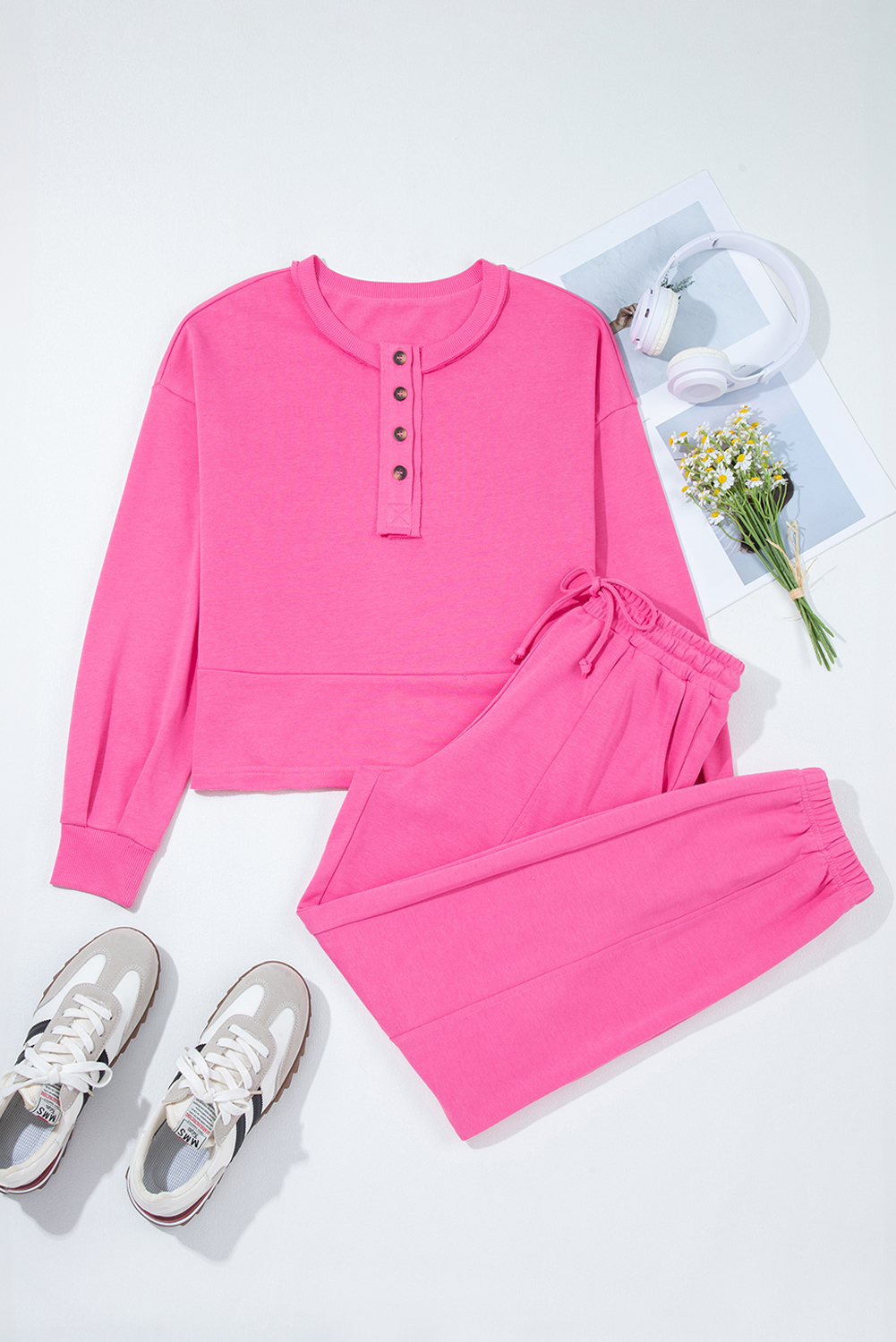 Bright Pink Raw Edge Half Buttons Pullover and Jogger Pants Set - loveforevers