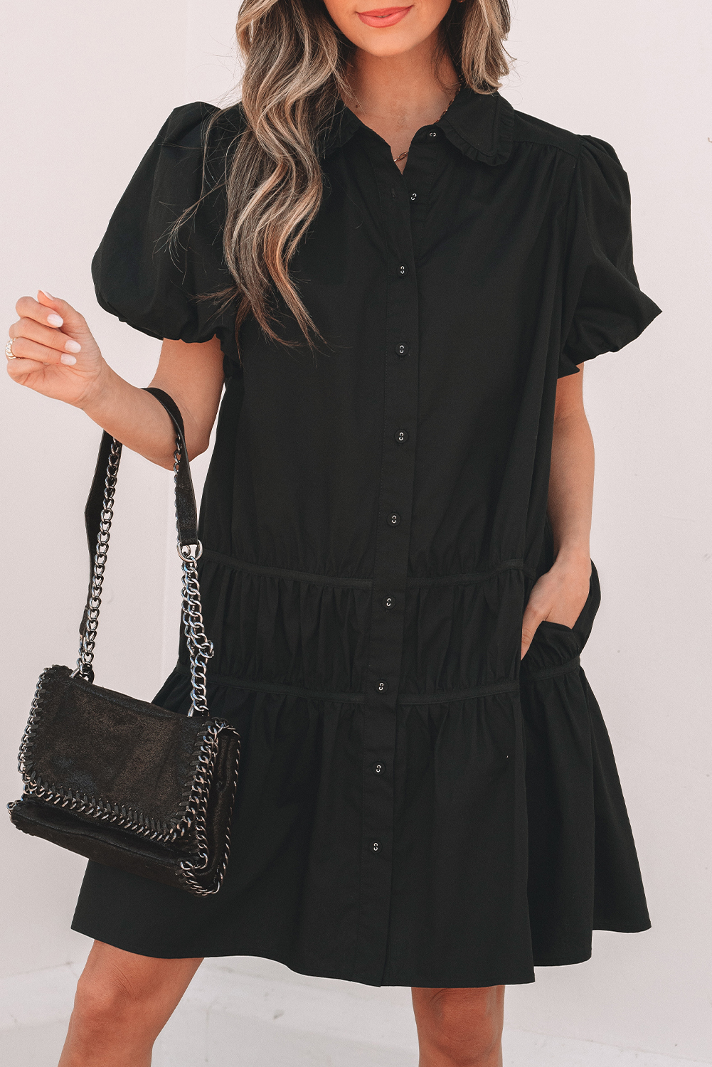 Black Shirt Style Button Down Puff Sleeve Ruffle Hem Dress - loveforevers