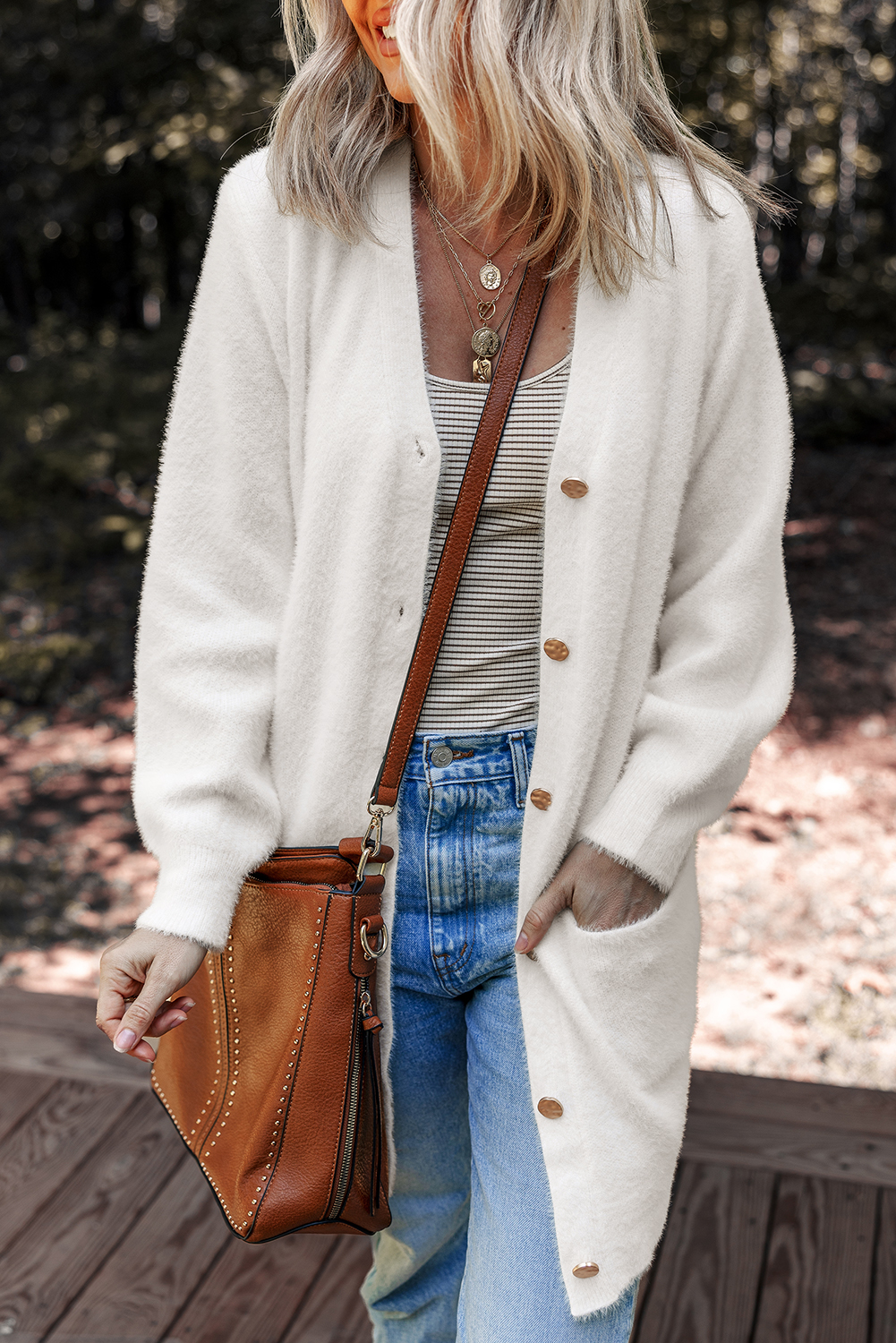 White Fuzzy Buttoned Front Midi Solid Cardigan - loveforevers
