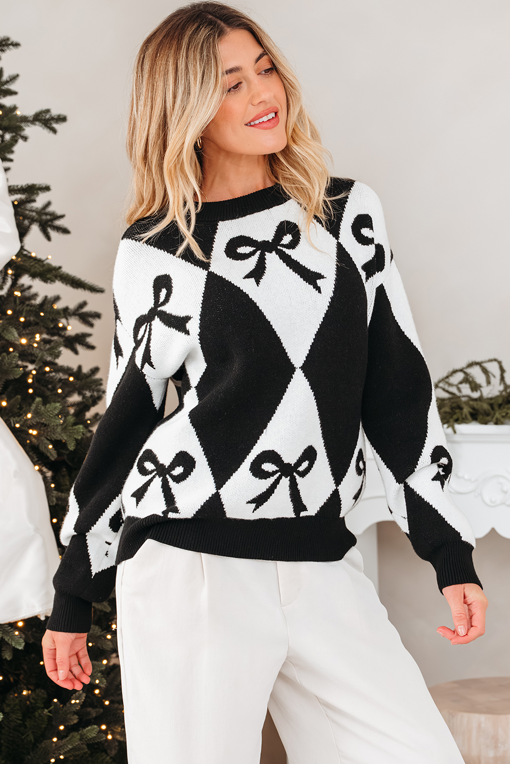 Black Bow Print 2-tone Rhombus Knit Loose Sweater - loveforevers