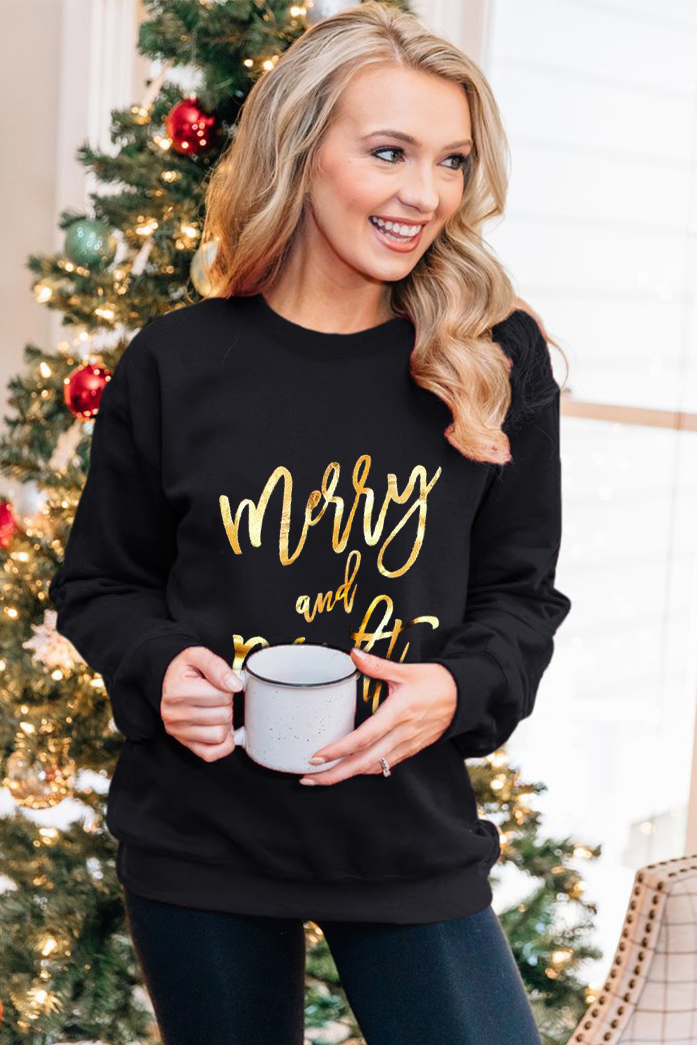 Black  Merry & Bright Letter Print Pullover Sweatshirt - loveforevers