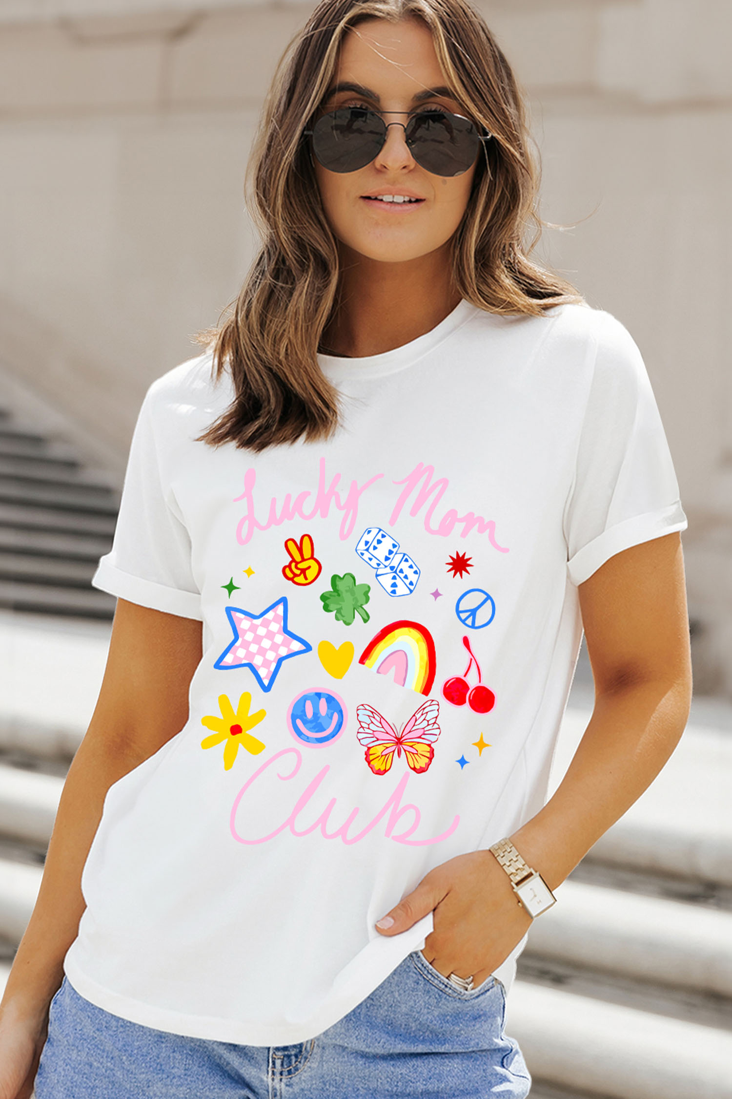 White Lucky Mom Club Vibrant Printed Casual T Shirt - loveforevers