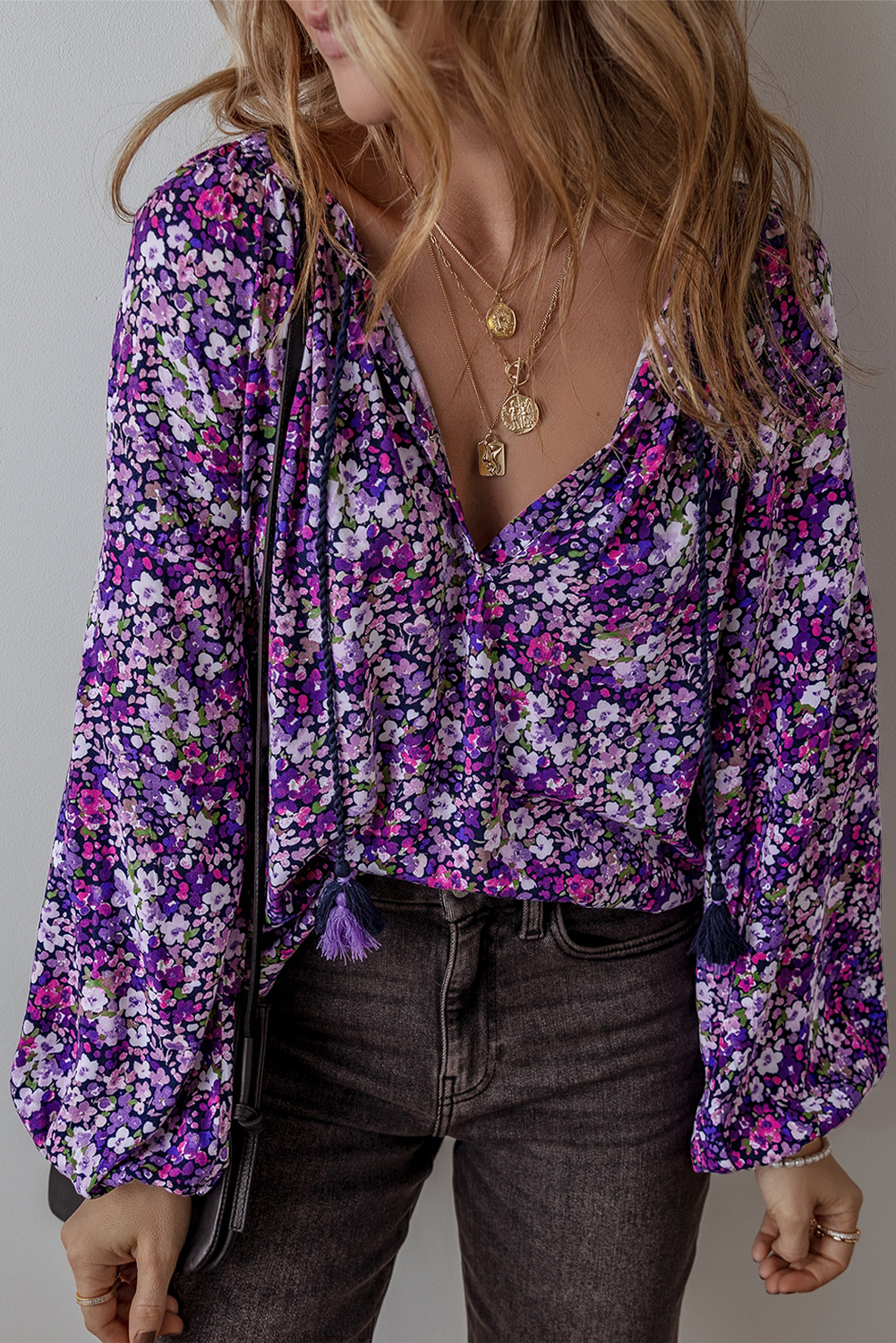 Purple Boho Flower Split V Neck Bubble Sleeve Blouse - loveforevers
