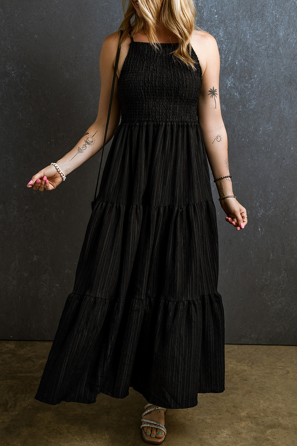 Black Spaghetti Straps Smocked Pleated Tiered Maxi Dress - loveforevers