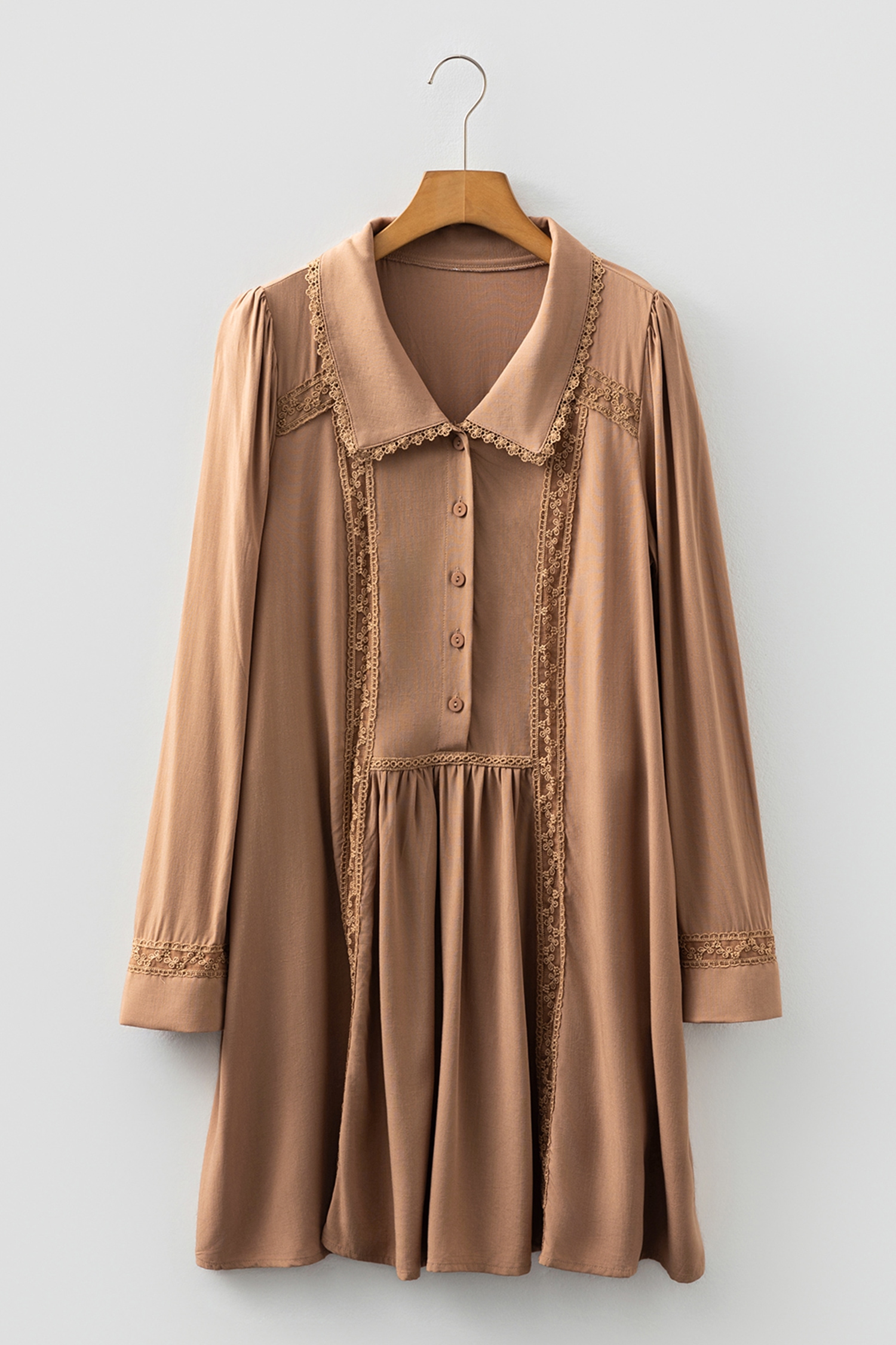 Straw Yellow Lace Trim Peter Pan Collar Long Sleeve Mini Shirt Dress - loveforevers