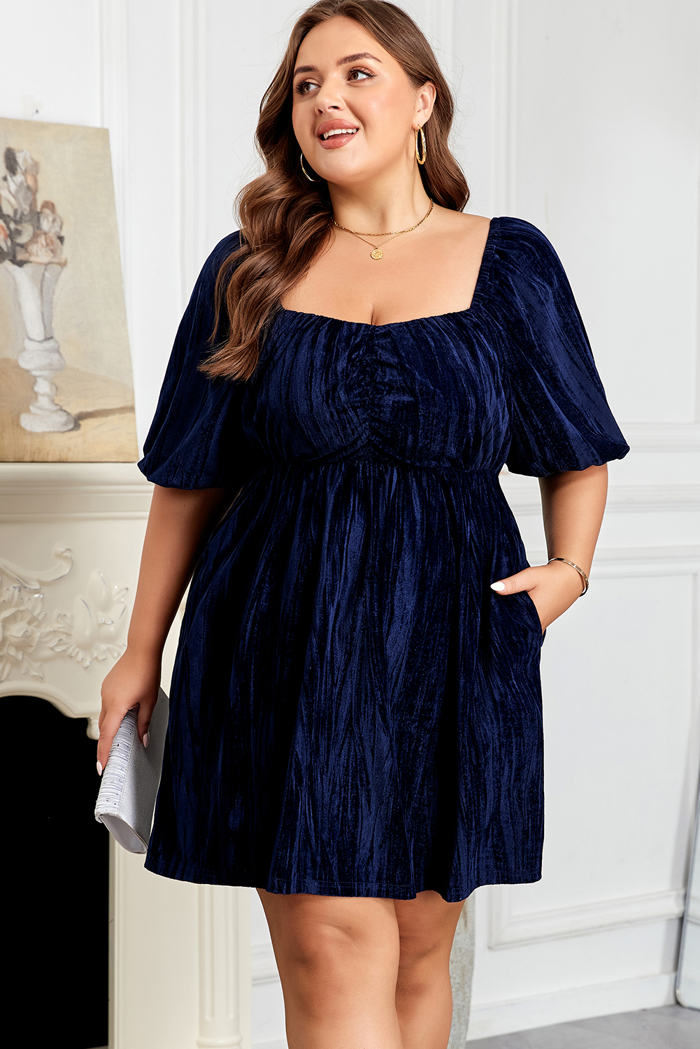 Navy Blue Velvet Ruched Bust Square Neck Short Puff Sleeve Plus Dress - loveforevers