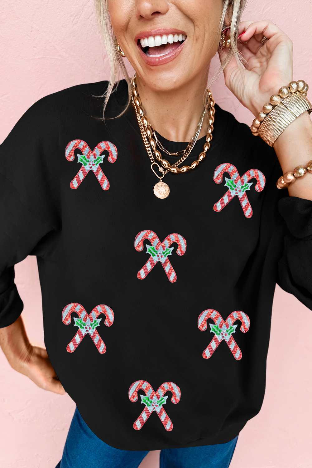 Black Candy Cane Patched Christmas Holiday Sweatshirt - loveforevers