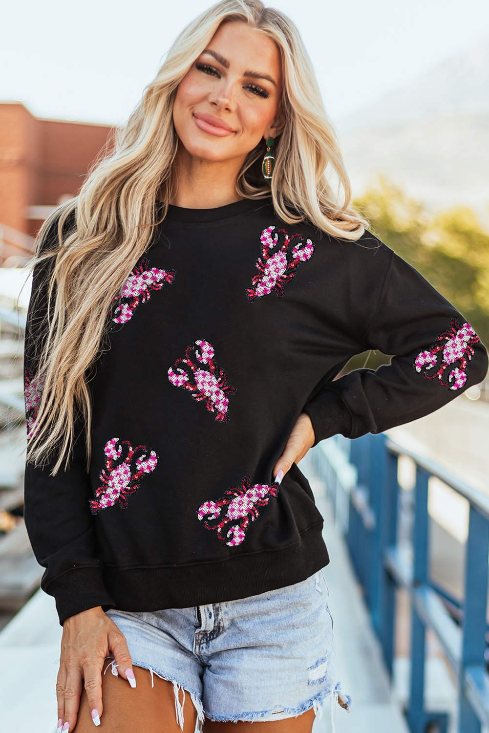 Black Sequin Crawfish Patched Crew Neck Tee - loveforevers