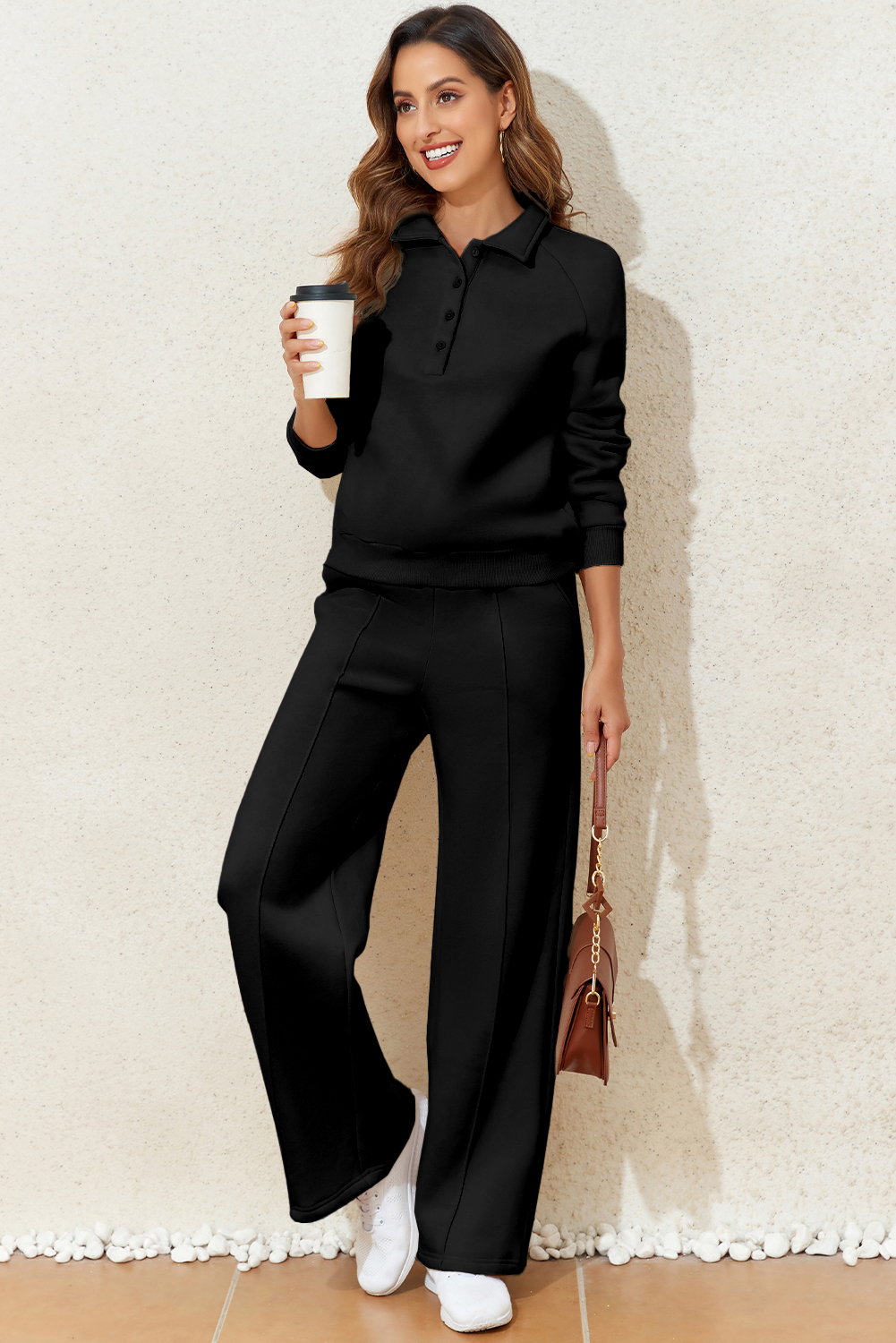 Dark Brown Solid Collared Sweatshirt and High Waist Pants Active Set - loveforevers