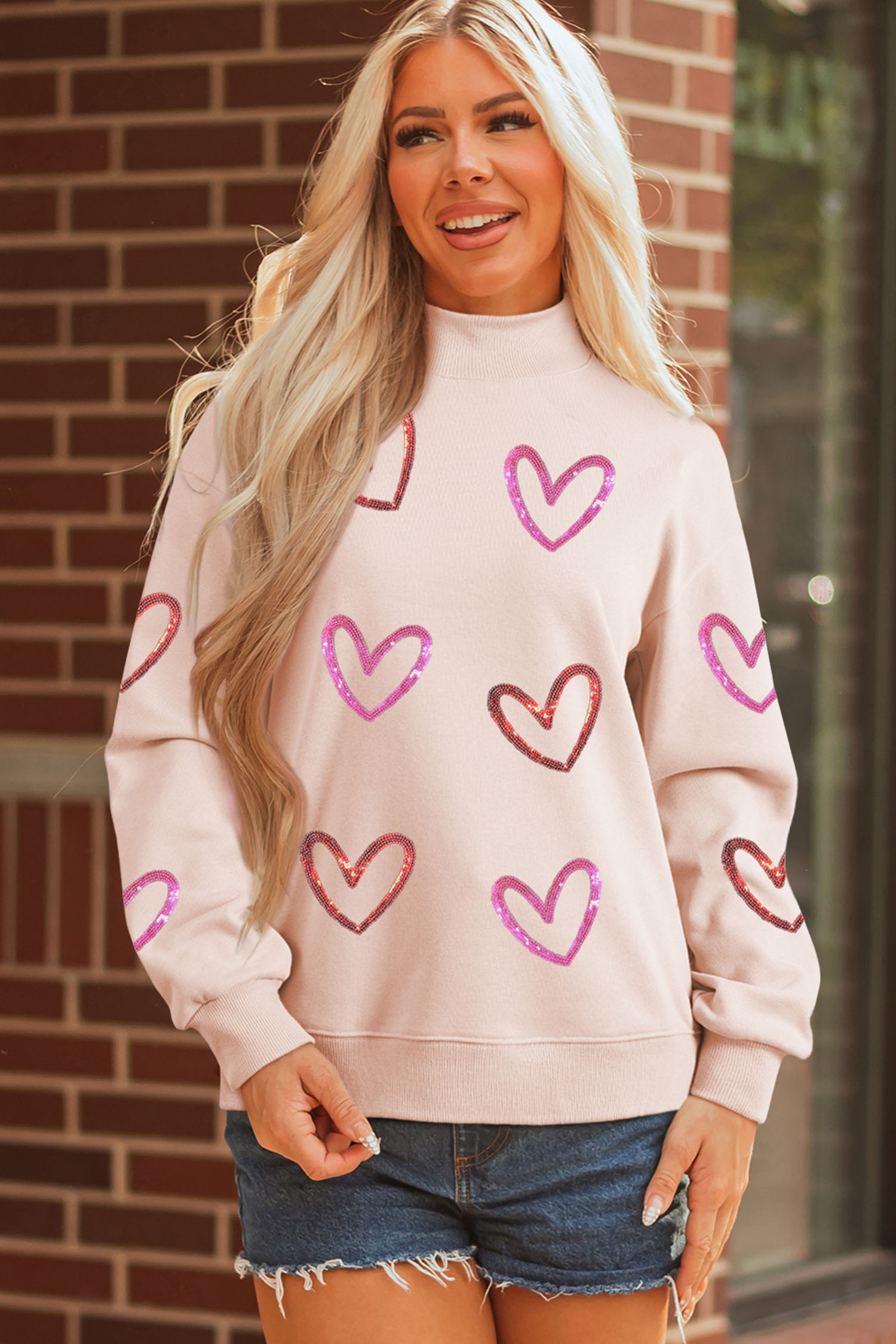 Apricot Pink Sequin Heart Sketch Patched Mock Neck Sweatshirt - loveforevers