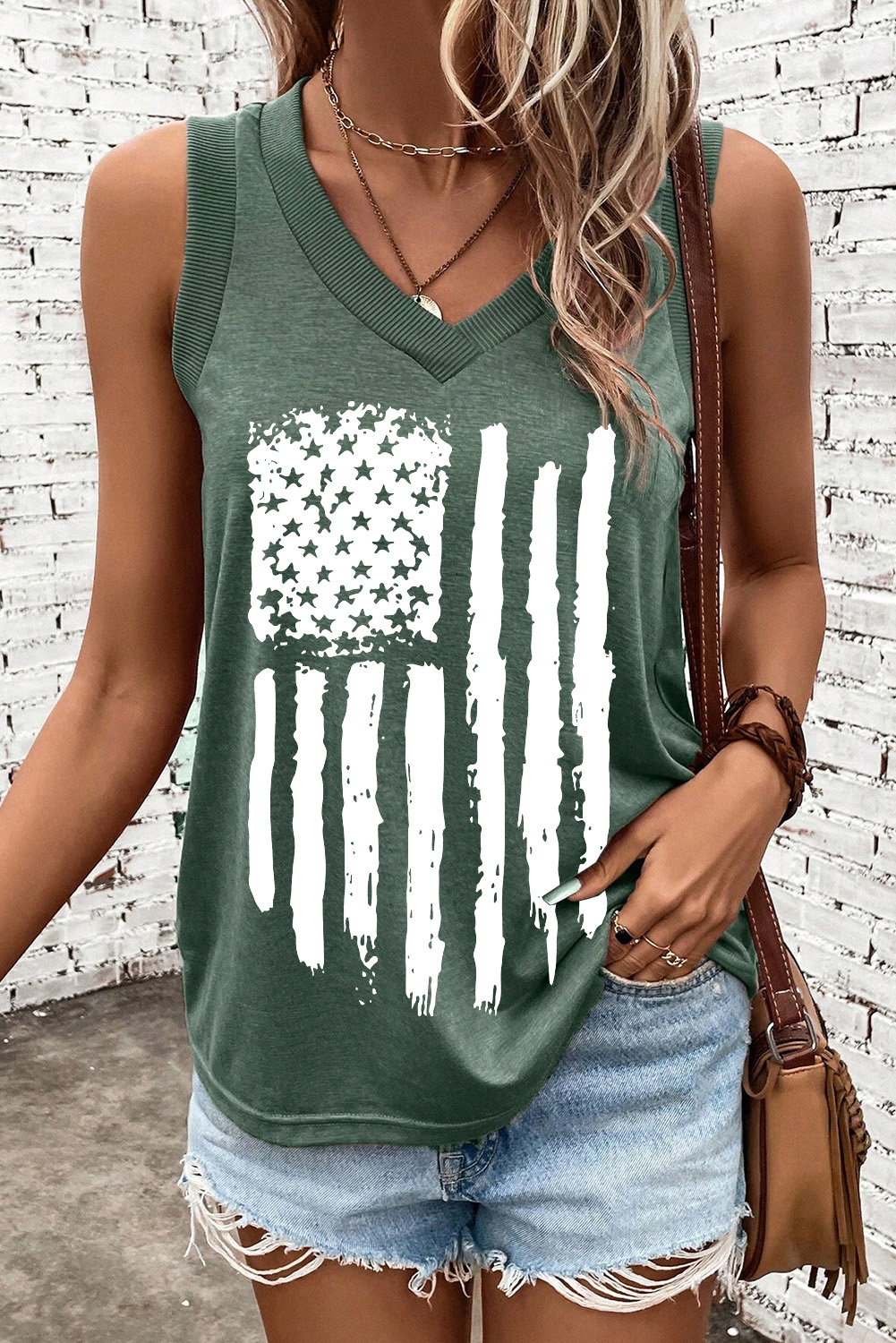 Mist Green Frayed American Flag Printed V Neck Tank Top - loveforevers