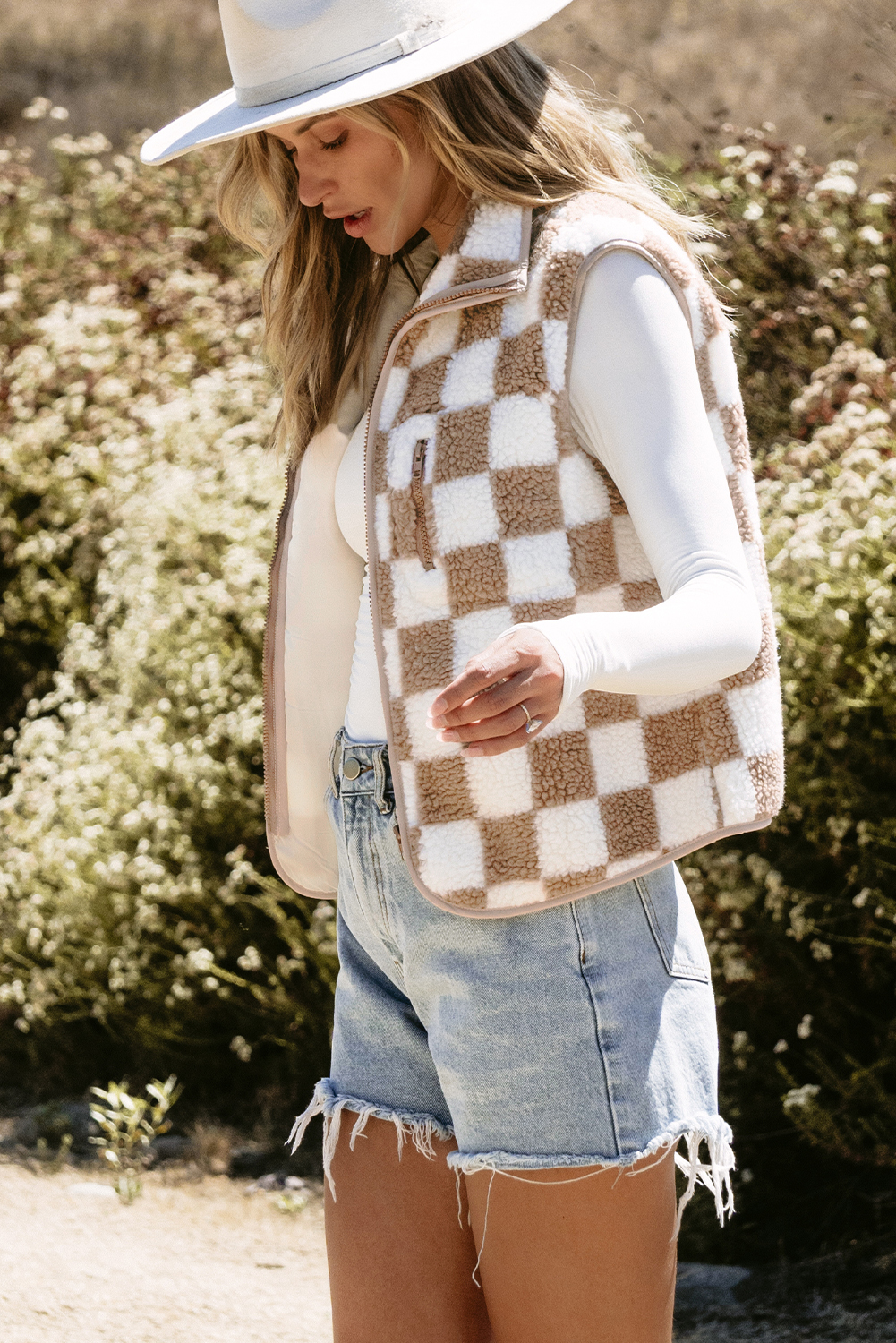 Khaki Checkered Sherpa Collared Jacket Vest - loveforevers