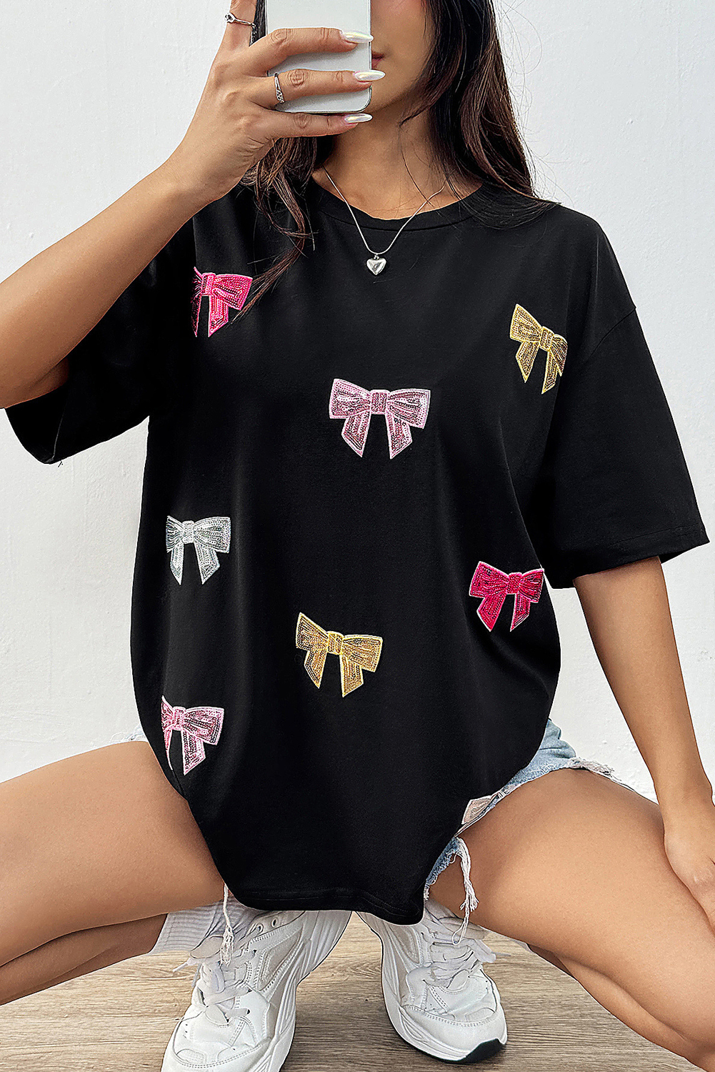 Black Shiny Bow Loose T Shirt - loveforevers