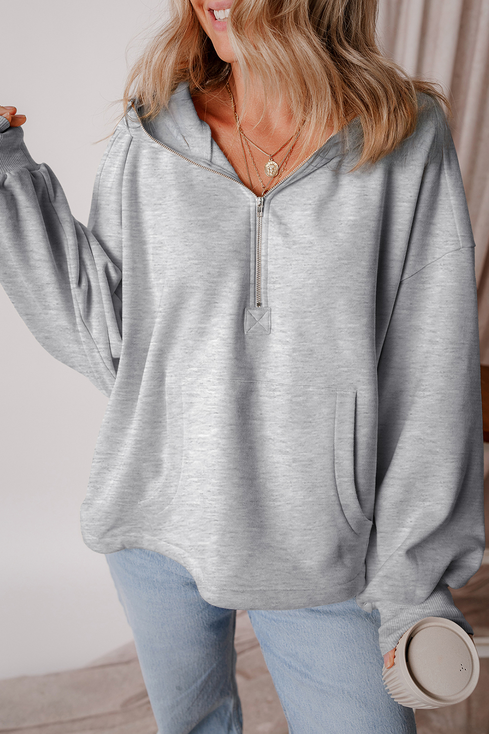 Bonbon Fleece Lined Half Zipper Kangaroo Pockets Loose Hoodie - loveforevers
