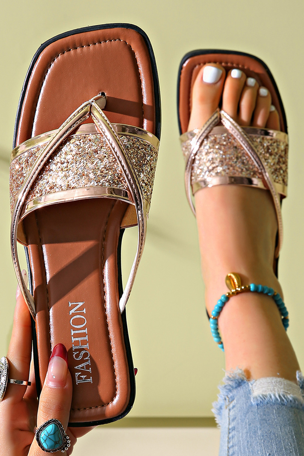 Gold Glitter Band Square Toe PU Leather Flat Slippers - loveforevers