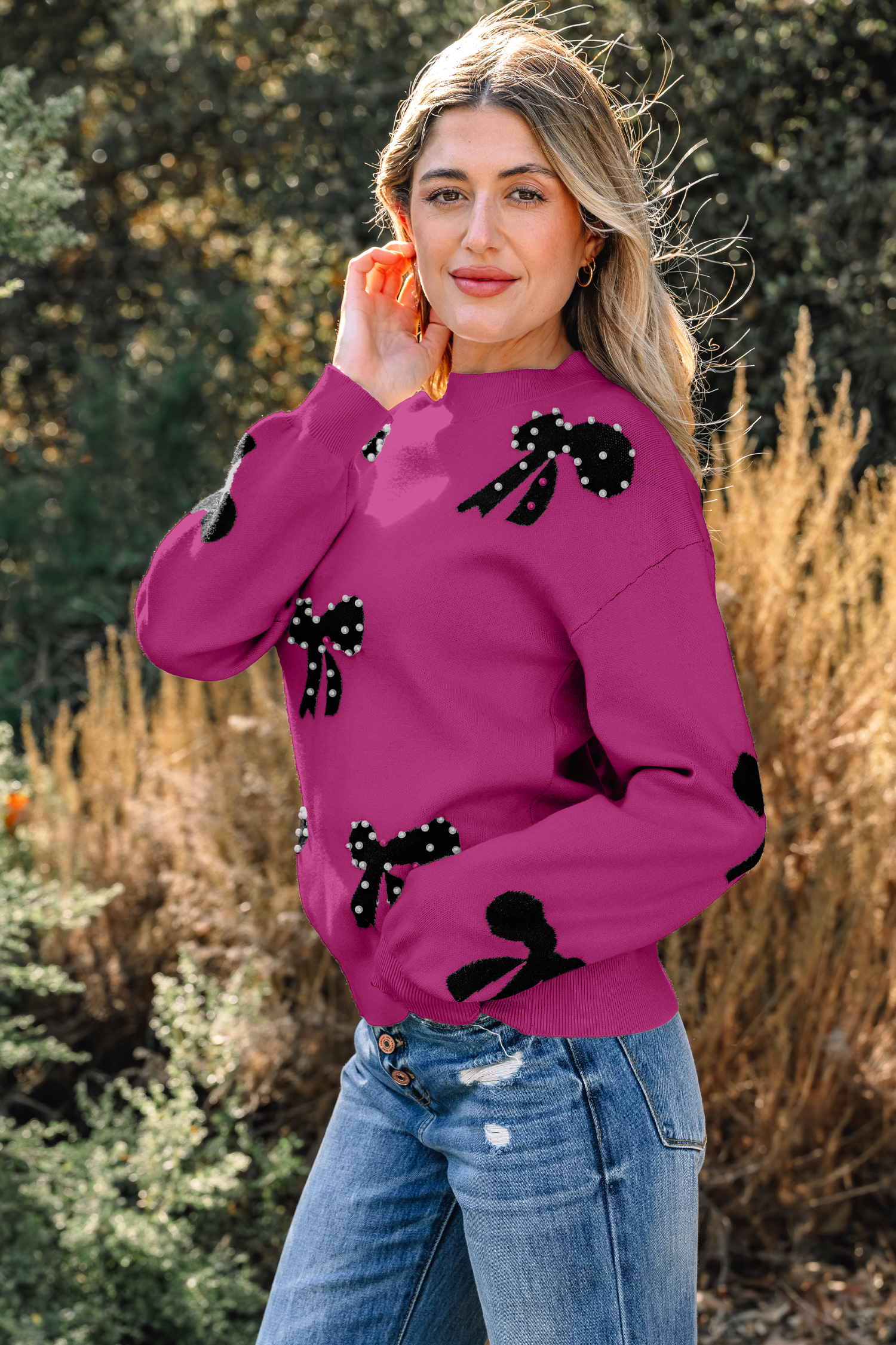 Bright Pink Pearl Embellished Bow Pattern Loose Sweater - loveforevers