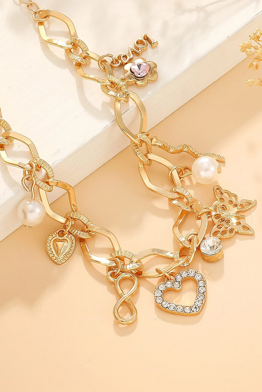 Gold Heart Butterfly Pearl Charm Plated Alloy Bracelet - loveforevers