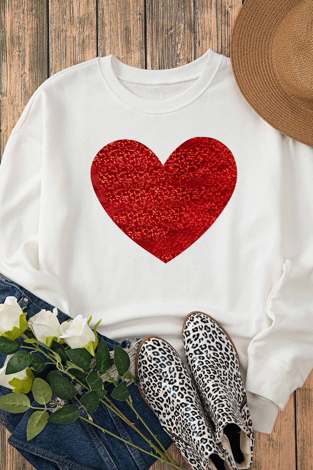 Beige Glitter Valentine Heart Shape Graphic Sweatshirt - loveforevers