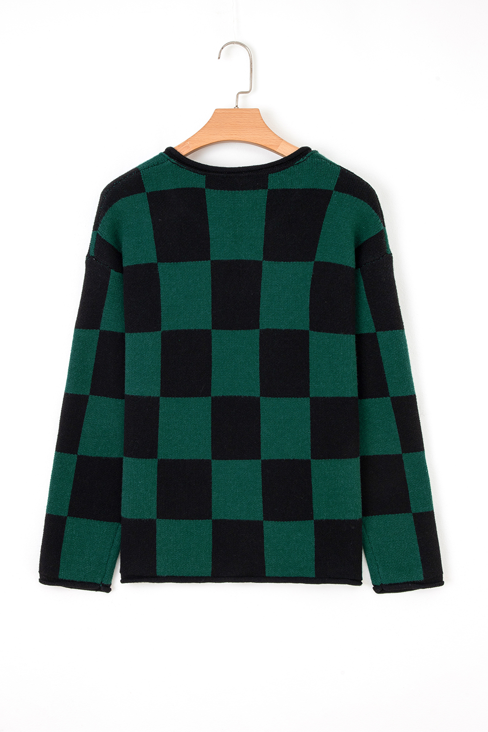 Black Checked Notched Neckline Drop Shoulder Knit Sweater - loveforevers