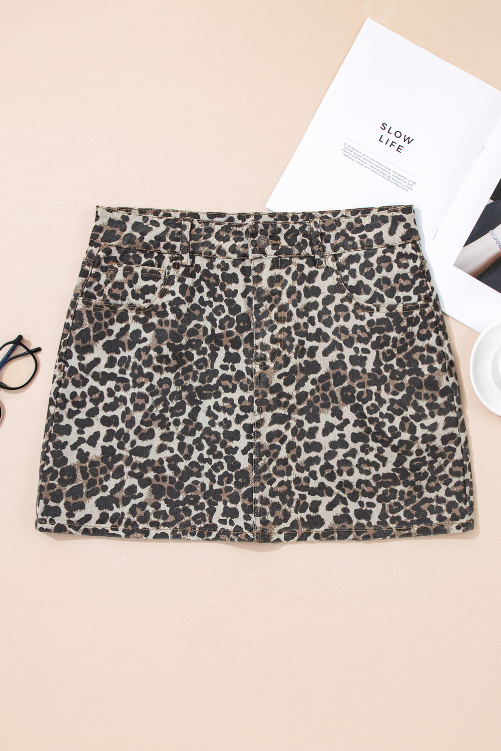 Khaki Leopard Denim Mini Skirt - loveforevers