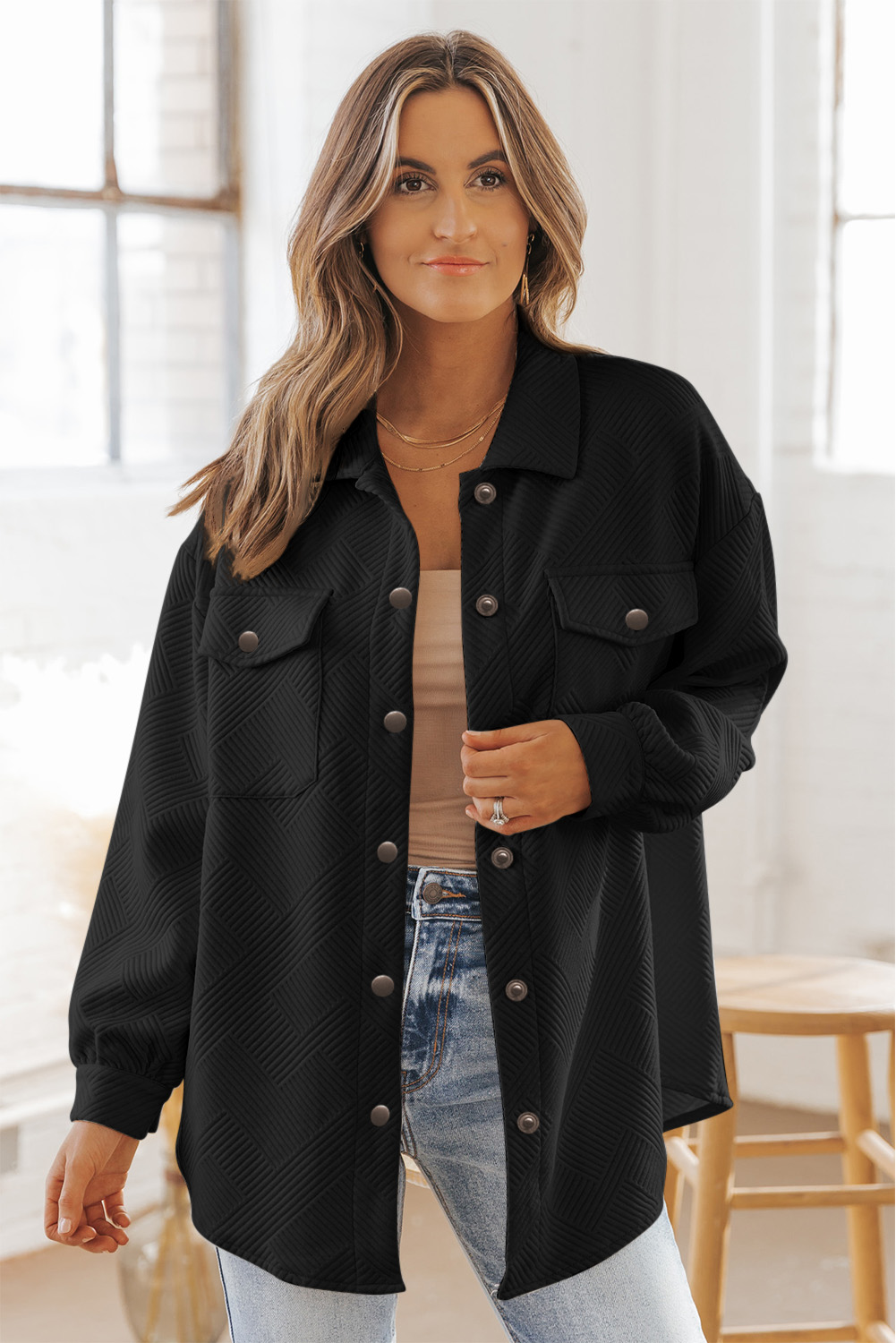 Black Solid Textured Flap Pocket Buttoned Shacket - loveforevers