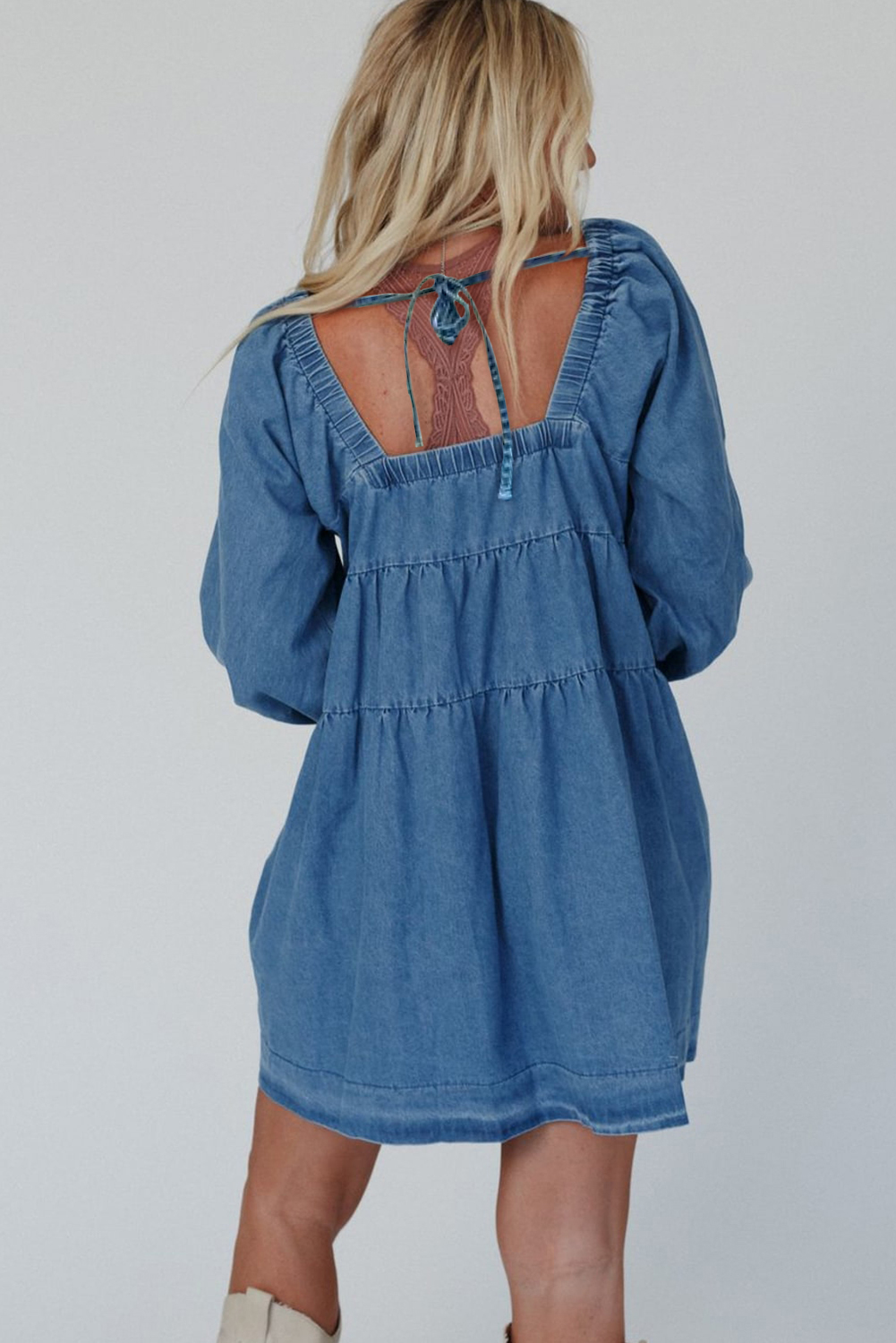 Dusk Blue Square Neck Side Pockets Loose Fit Denim Mini Dress - loveforevers