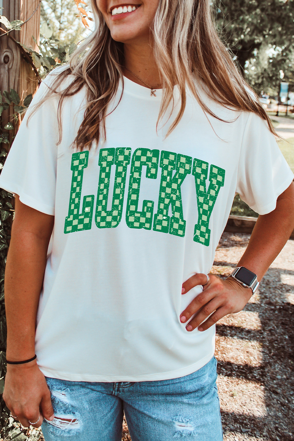 White Checkerboard LUCKY Graphic St Patrick Tee - loveforevers