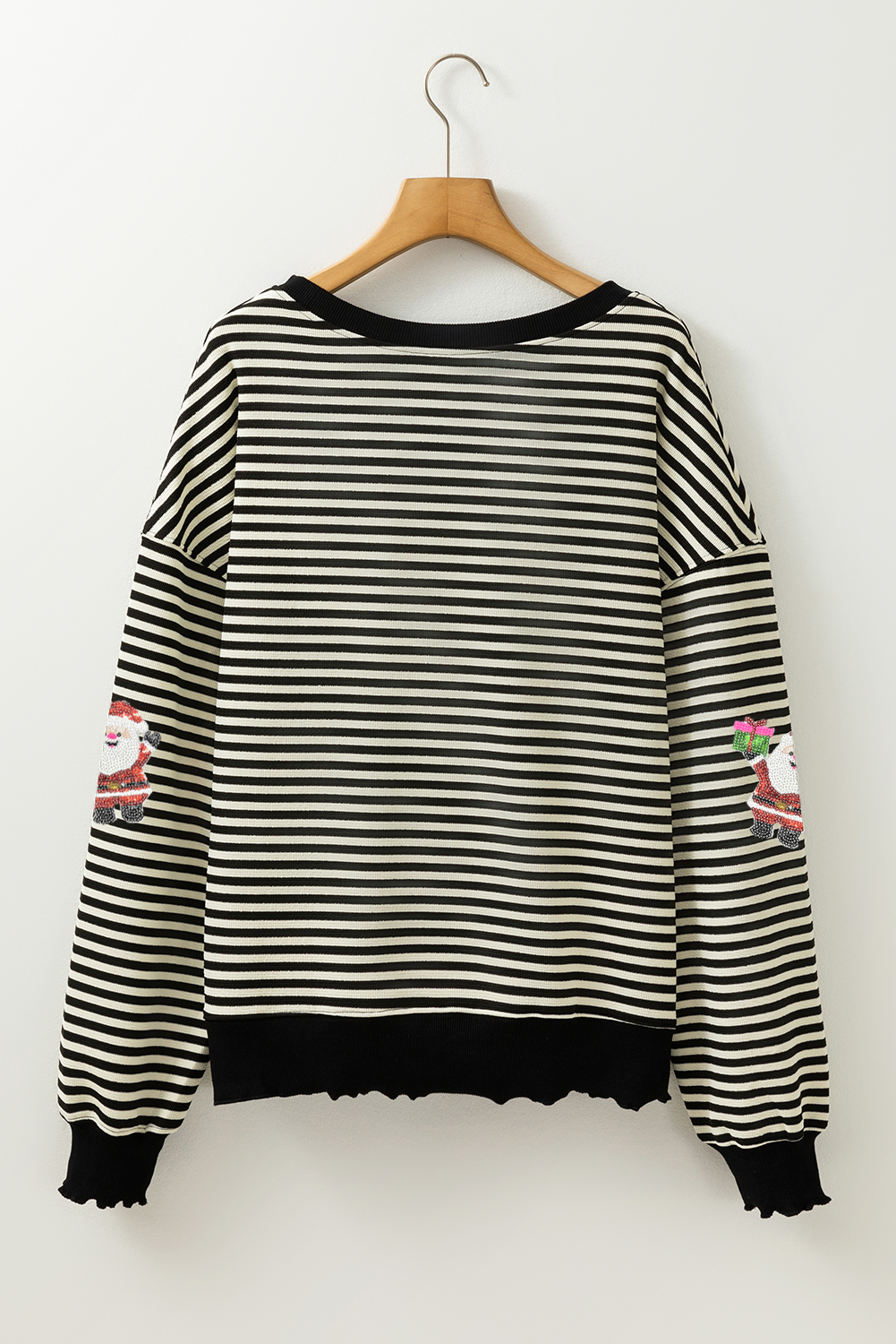 Black Stripe Santa Delivery Gift Sequin Patched Graphic Long Sleeve Top - loveforevers