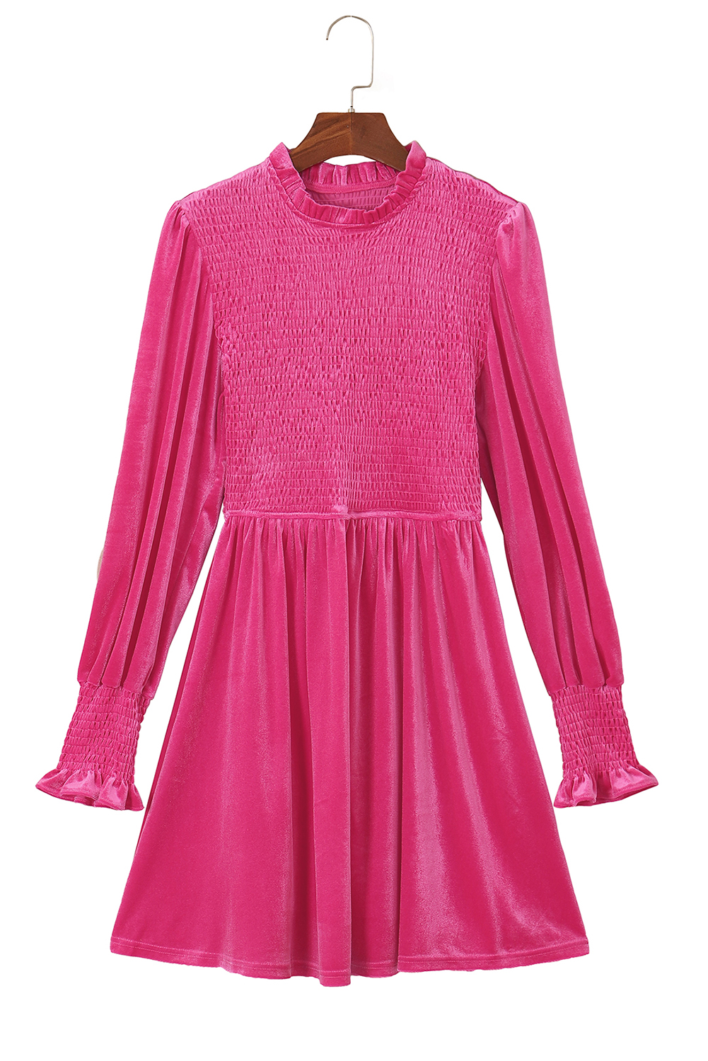 Black Frilled Neck Smocked Bodice Velvet Dress - loveforevers