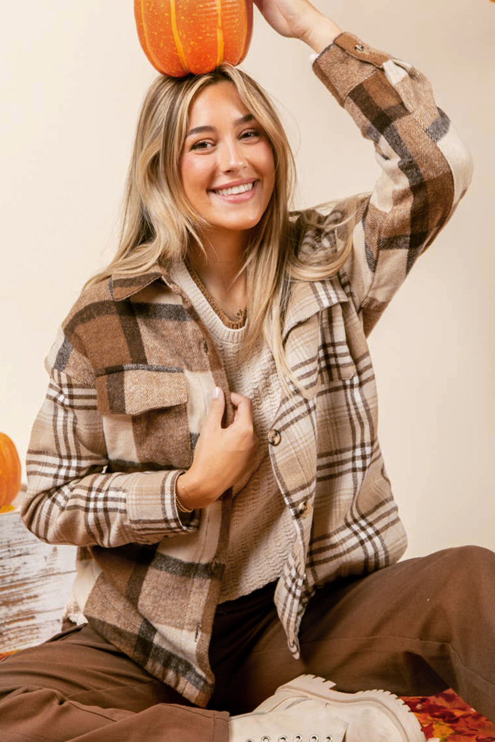 Light French Beige Flannel Plaid Double Flap Pocket Shacket - loveforevers