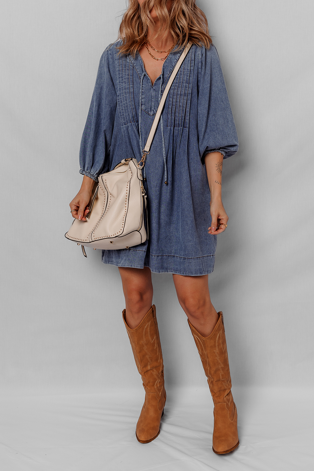 Sail Blue 3/4 Sleeve Tied V Neck Pleated Denim Mini Dress - loveforevers