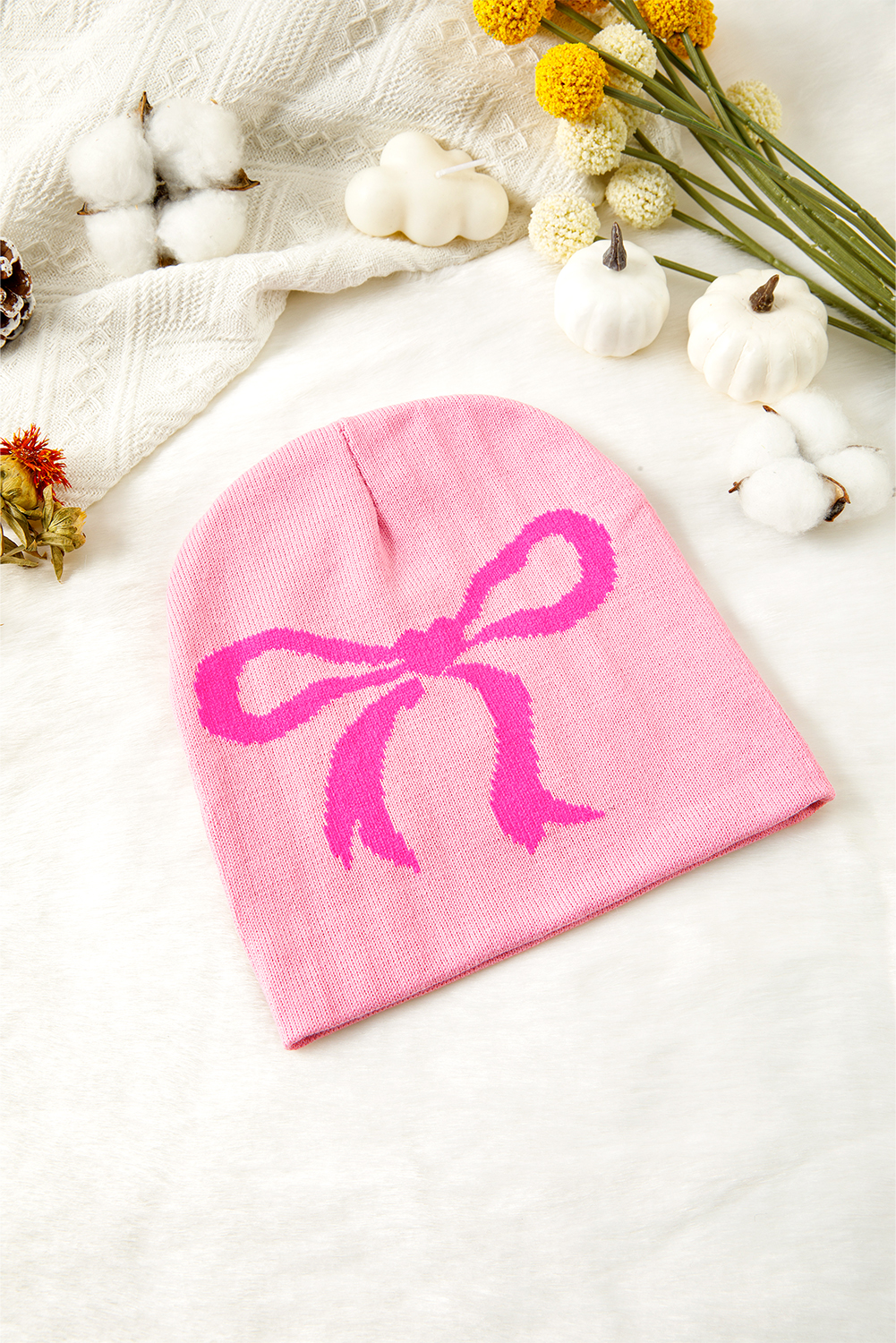 Pink Ribbon Bow Print Soft Knit Beanie - loveforevers