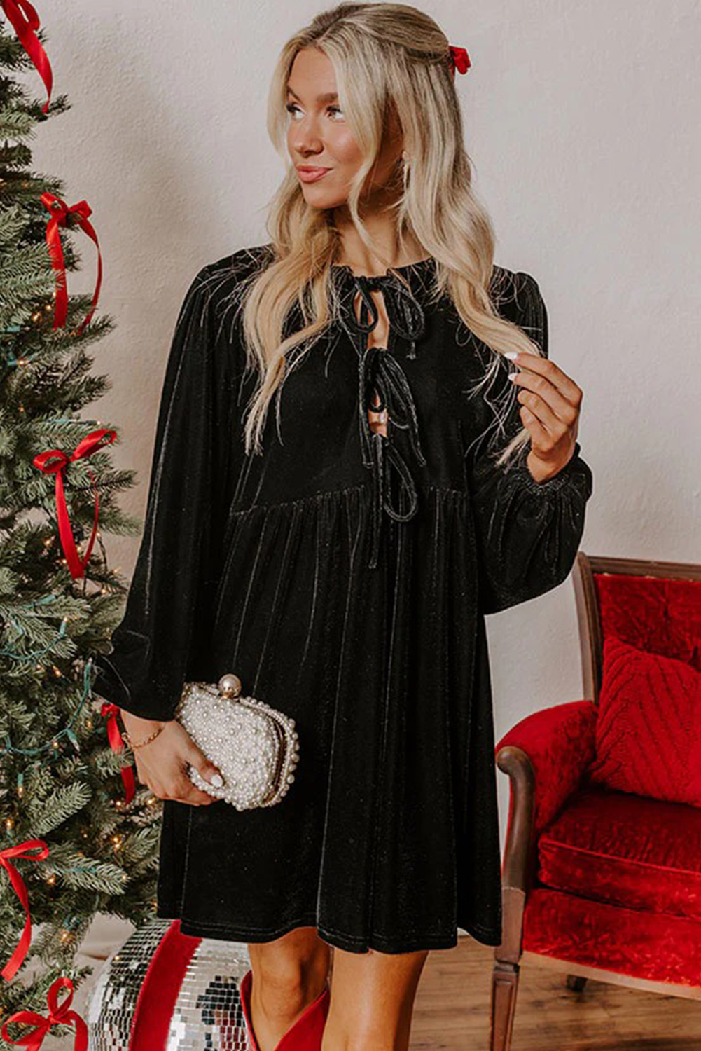 Black Front Tie Velvet Bubble Sleeve Mini Dress - loveforevers
