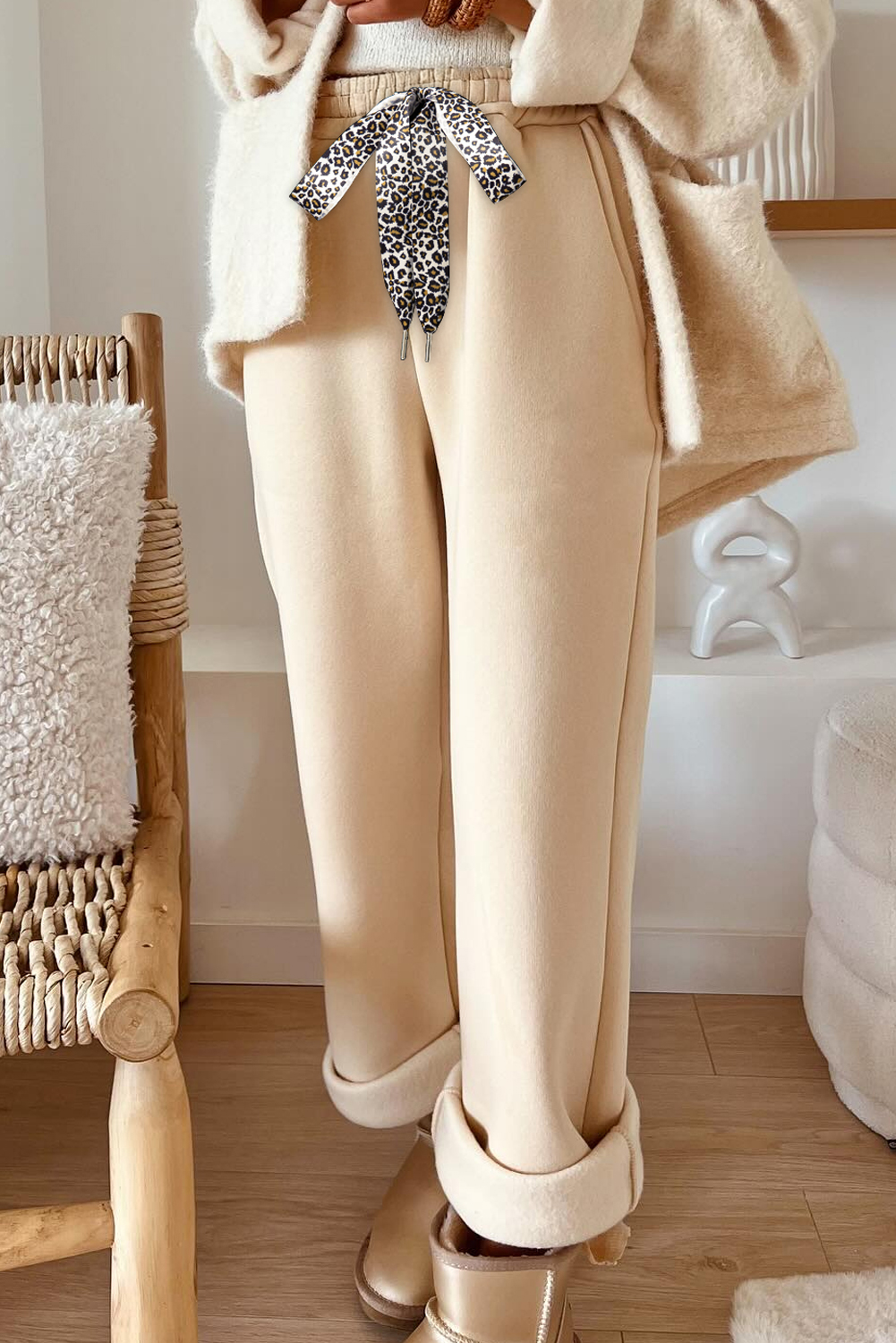 Oatmeal Fleece Lined Leopard Drawstring Elastic Waist Solid Pants - loveforevers